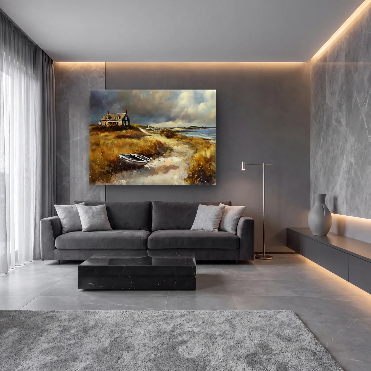 Yağlı Boya Kır Evi No. 14 cam tablo — lüks salon duvarında