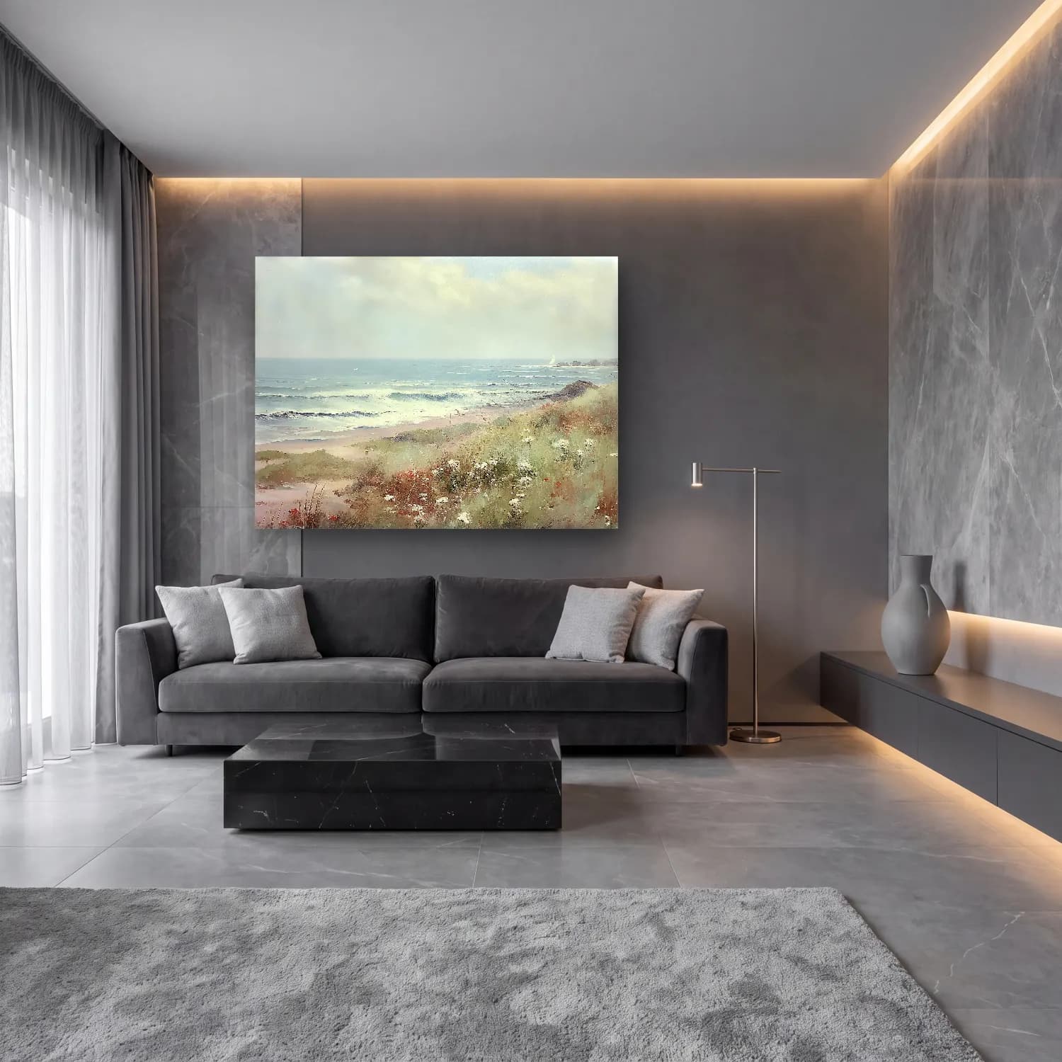Yağlı Boya Dalgalı Sahil – Pastel Tonlar cam tablo — lüks salon duvarında