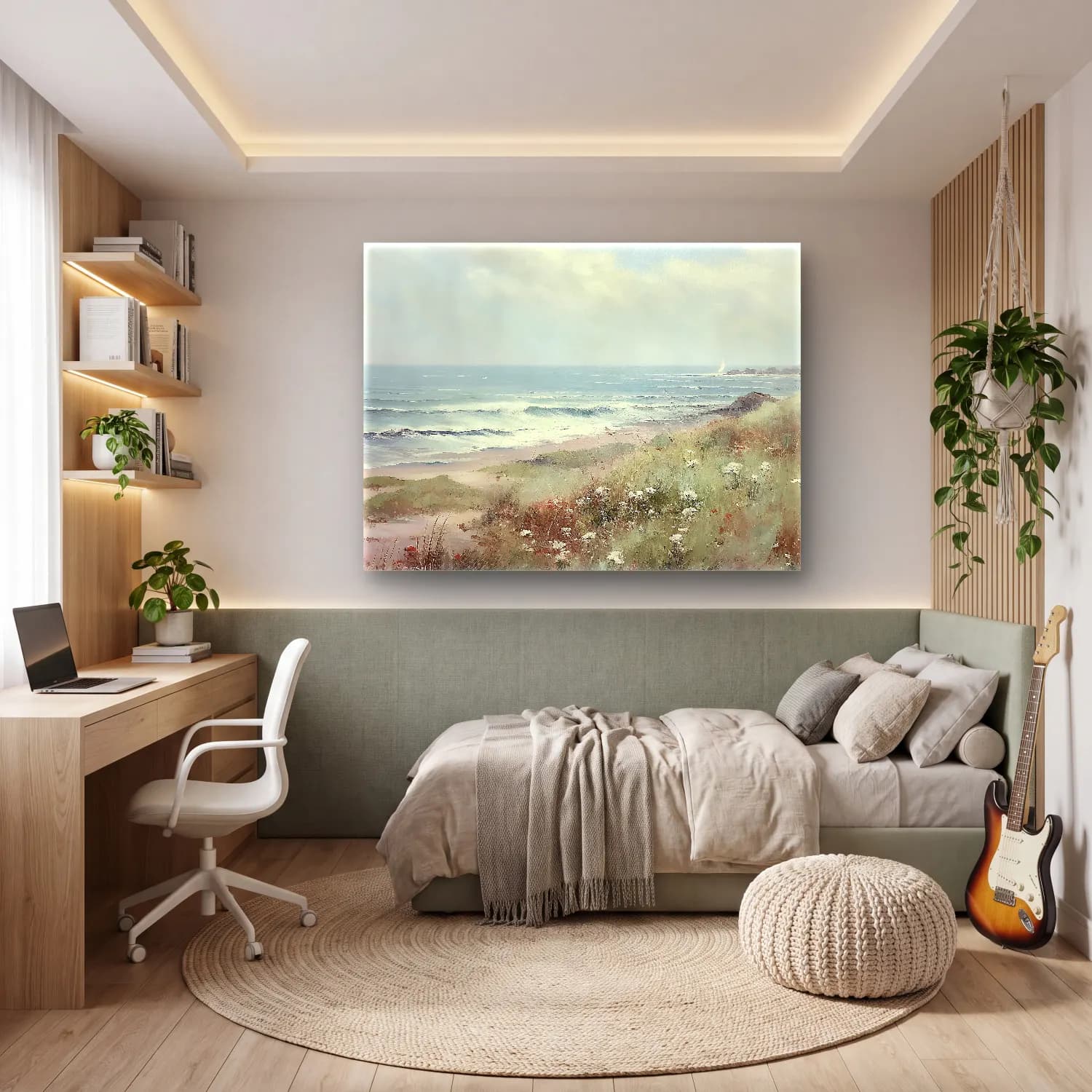 Yağlı Boya Dalgalı Sahil – Pastel Tonlar cam tablo — genç odasında