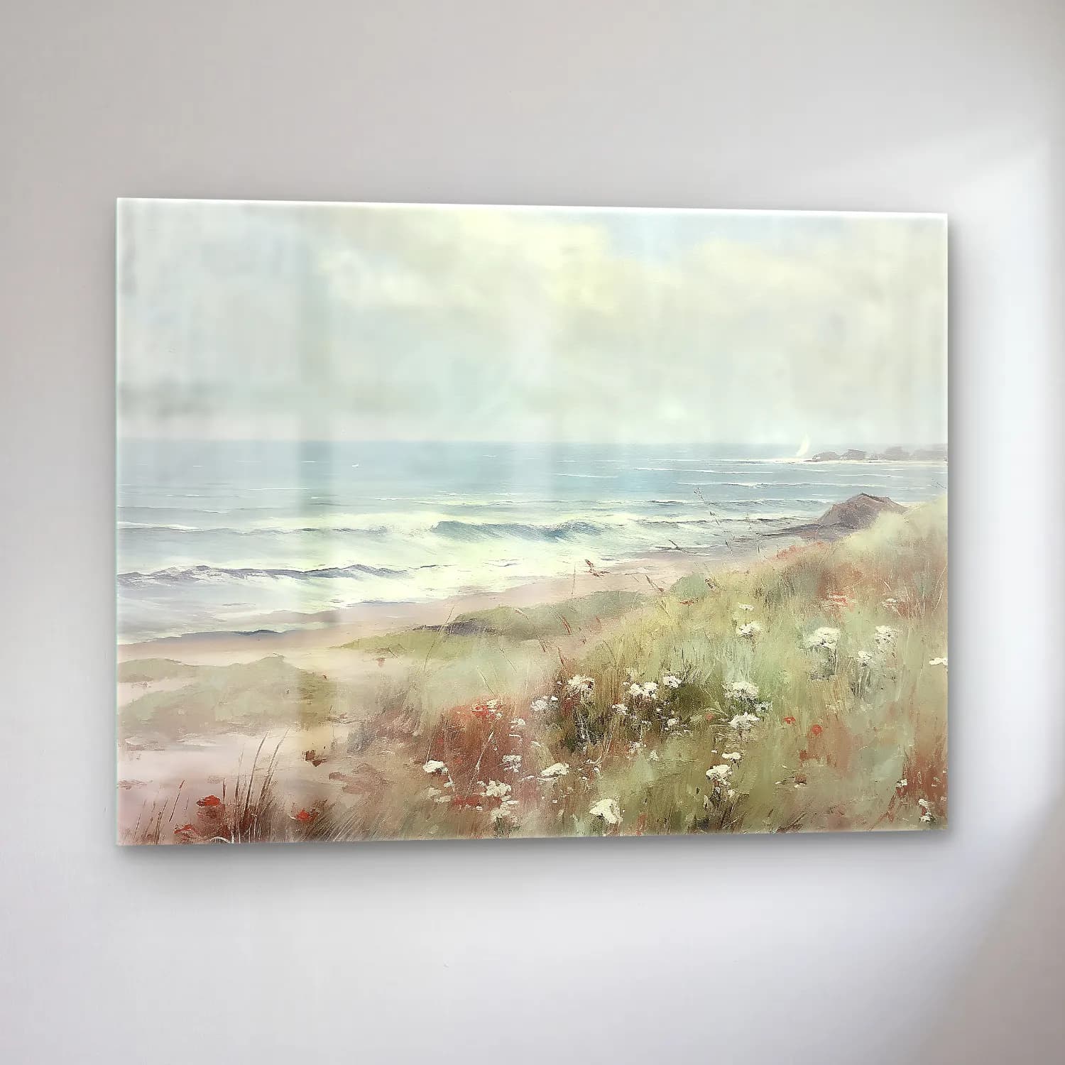 Yağlı Boya Dalgalı Sahil – Pastel Tonlar cam tablo — sol açıdan görünüm