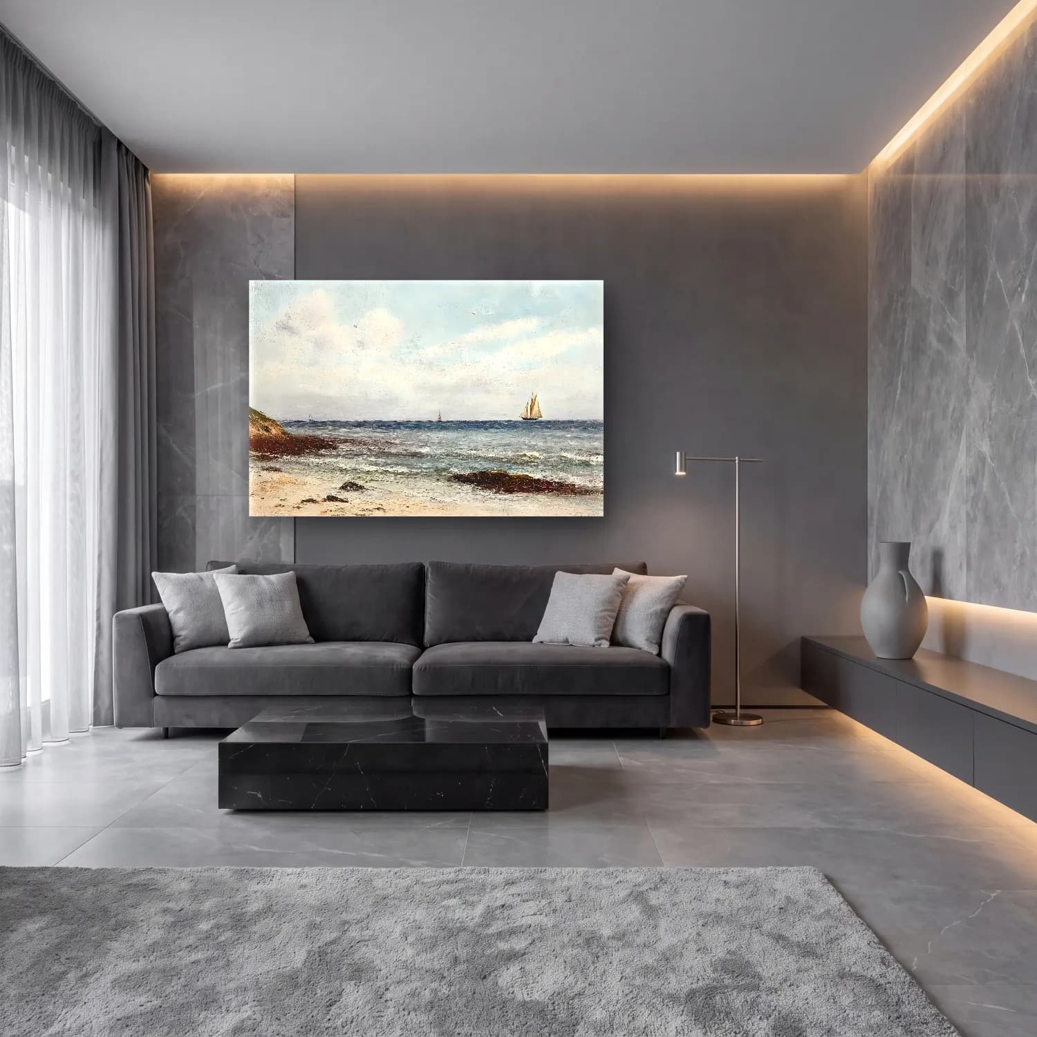 Yağlı Boya Yelkenliler No. 4 cam tablo — lüks salon duvarında