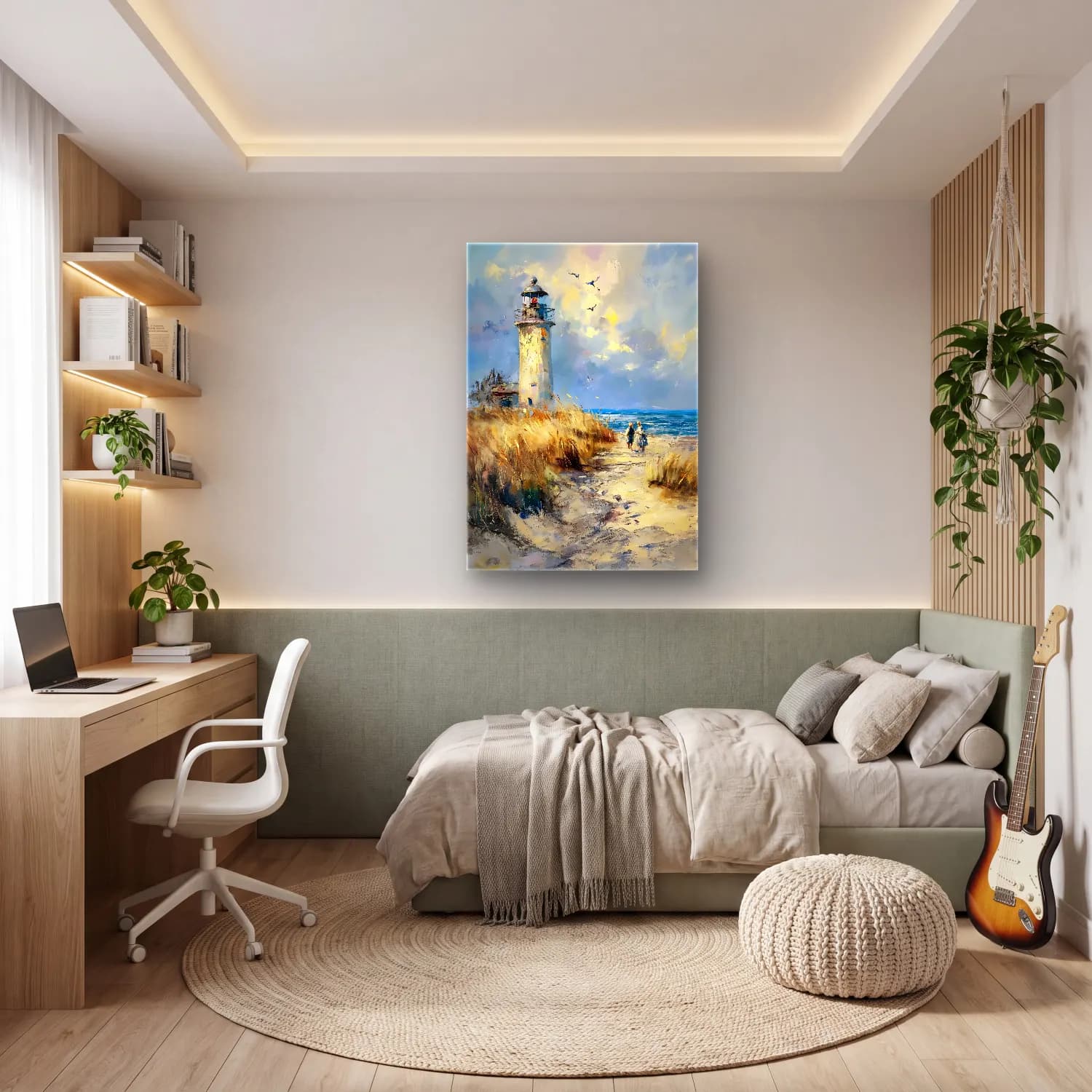 Yağlı Boya Deniz Feneri No. 2 cam tablo — genç odasında