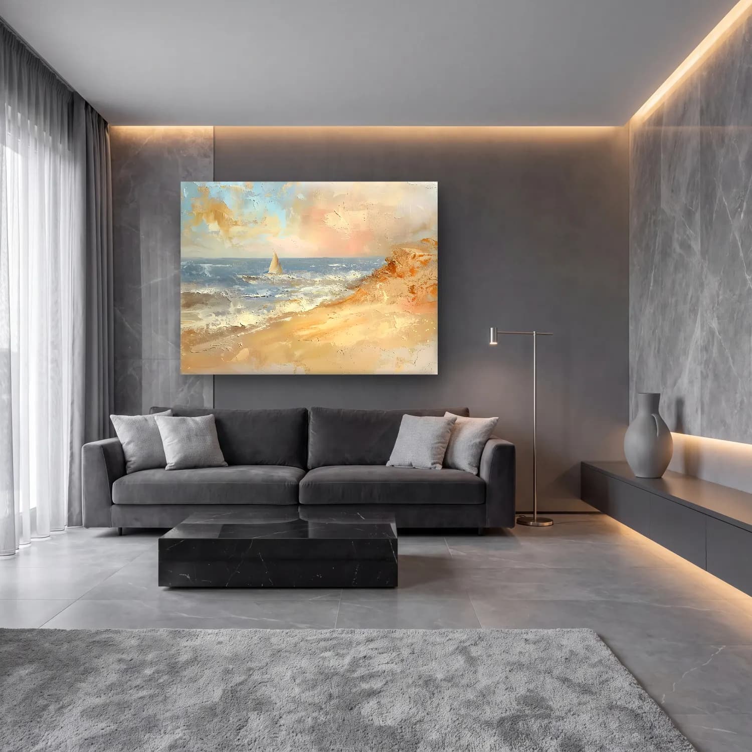 Yağlı Boya Yelkenliler No. 7 cam tablo — lüks salon duvarında