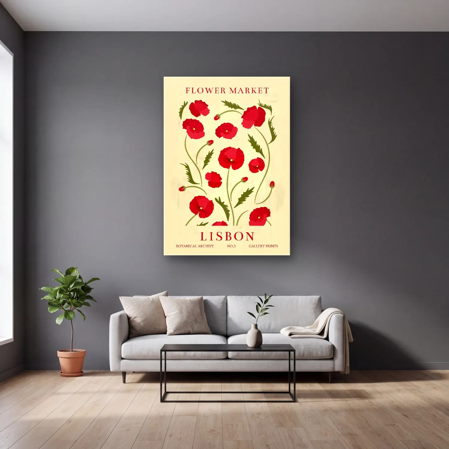 Vintage Gelincikler cam tablo — gri duvarlı salonda