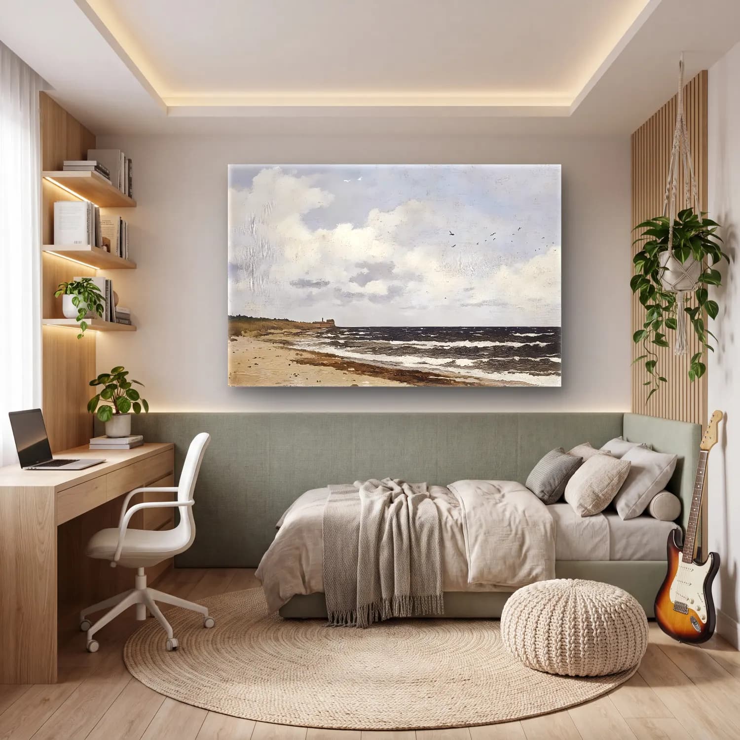 Yağlı Boya Deniz Feneri – Bej Tonlar cam tablo — genç odasında