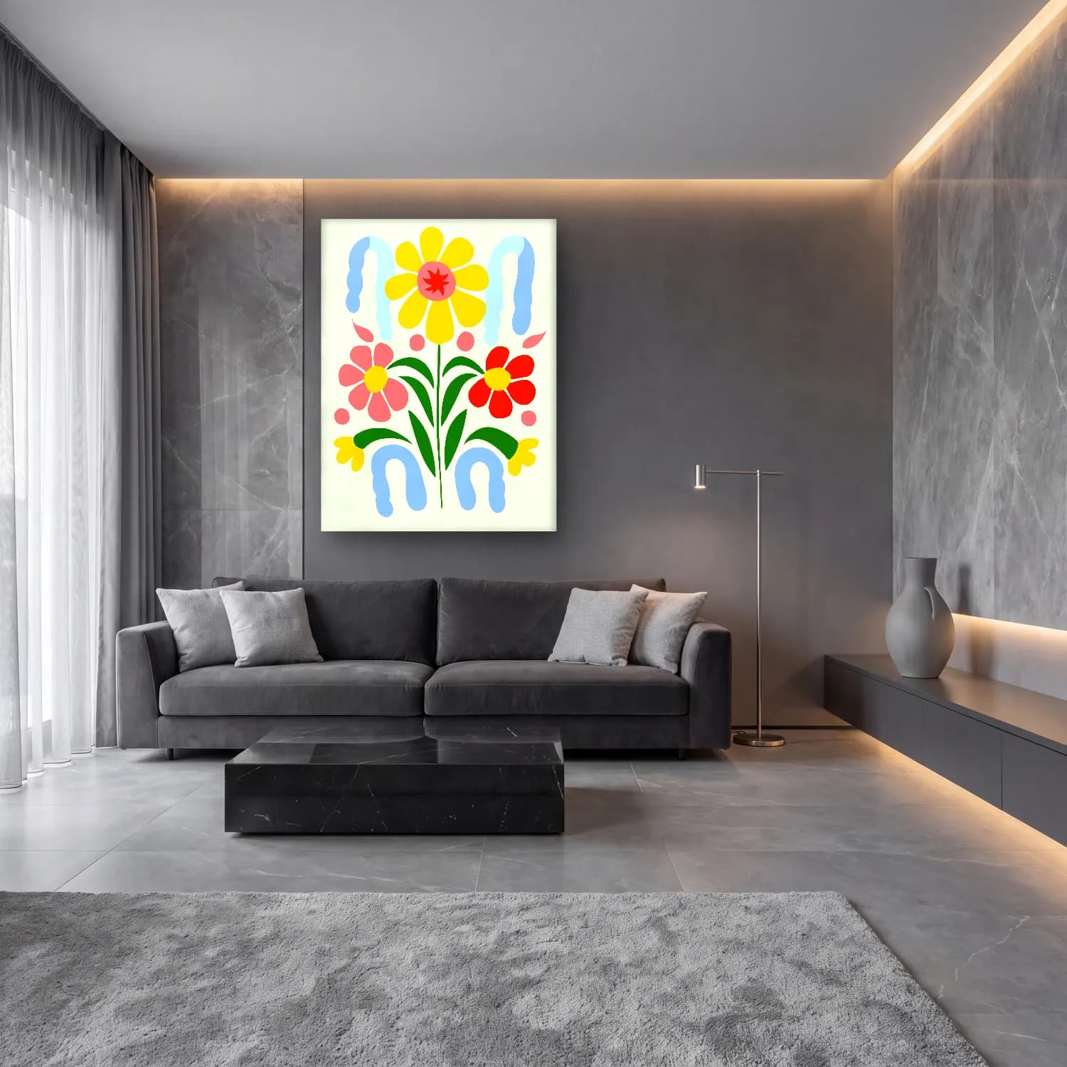 Boho Çiçek Deseni No. 42 cam tablo — lüks salon duvarında