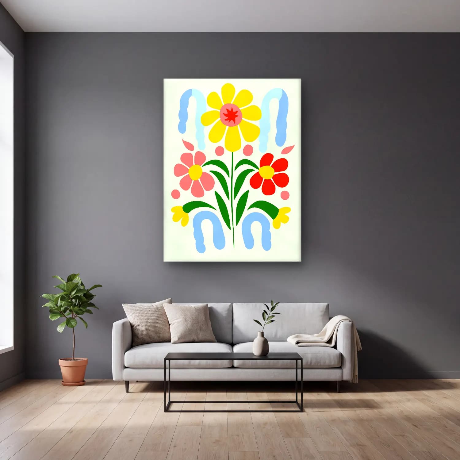 Boho Çiçek Deseni No. 42 cam tablo — gri duvarlı salonda