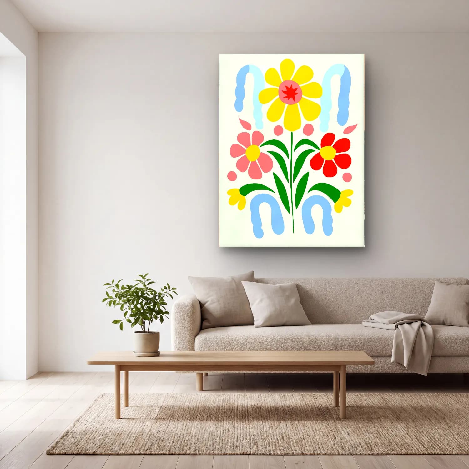 Boho Çiçek Deseni No. 42 cam tablo — açık renk salonda