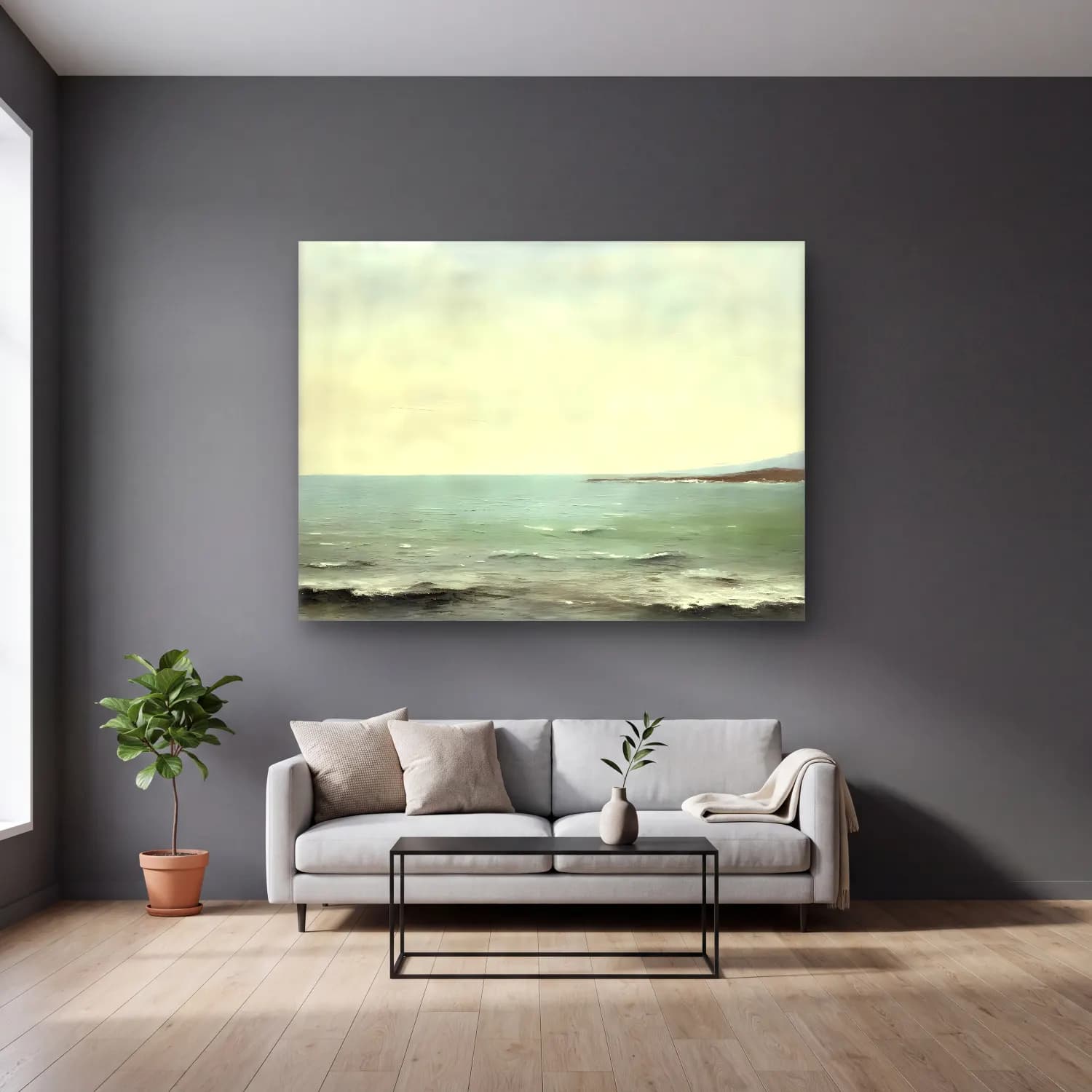 Yağlı Boya Sakin Deniz Ufku No. 10 cam tablo — gri duvarlı salonda