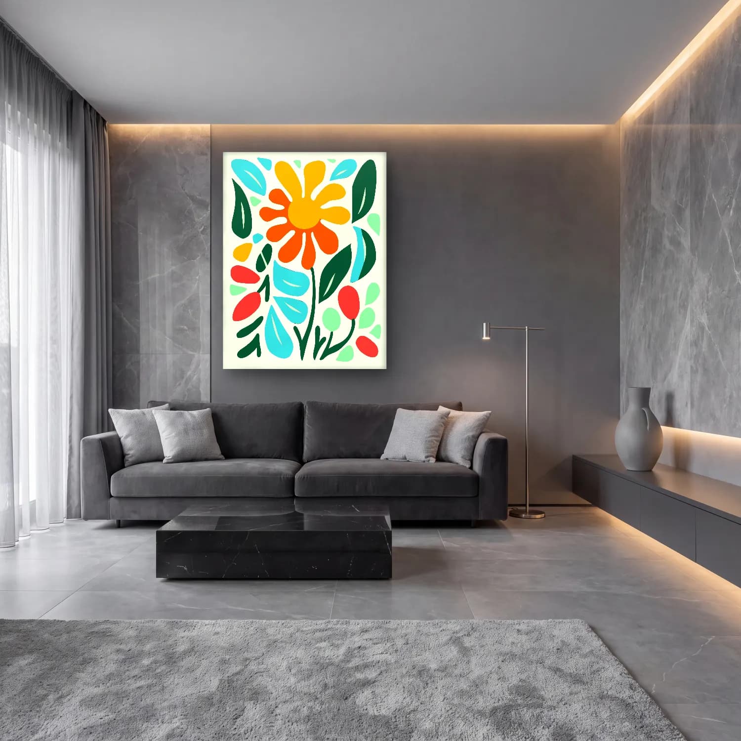 Boho Çiçek Deseni No. 43 cam tablo — lüks salon duvarında