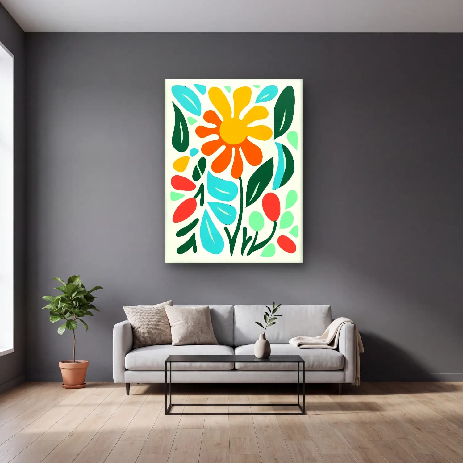 Boho Çiçek Deseni No. 43 cam tablo — gri duvarlı salonda