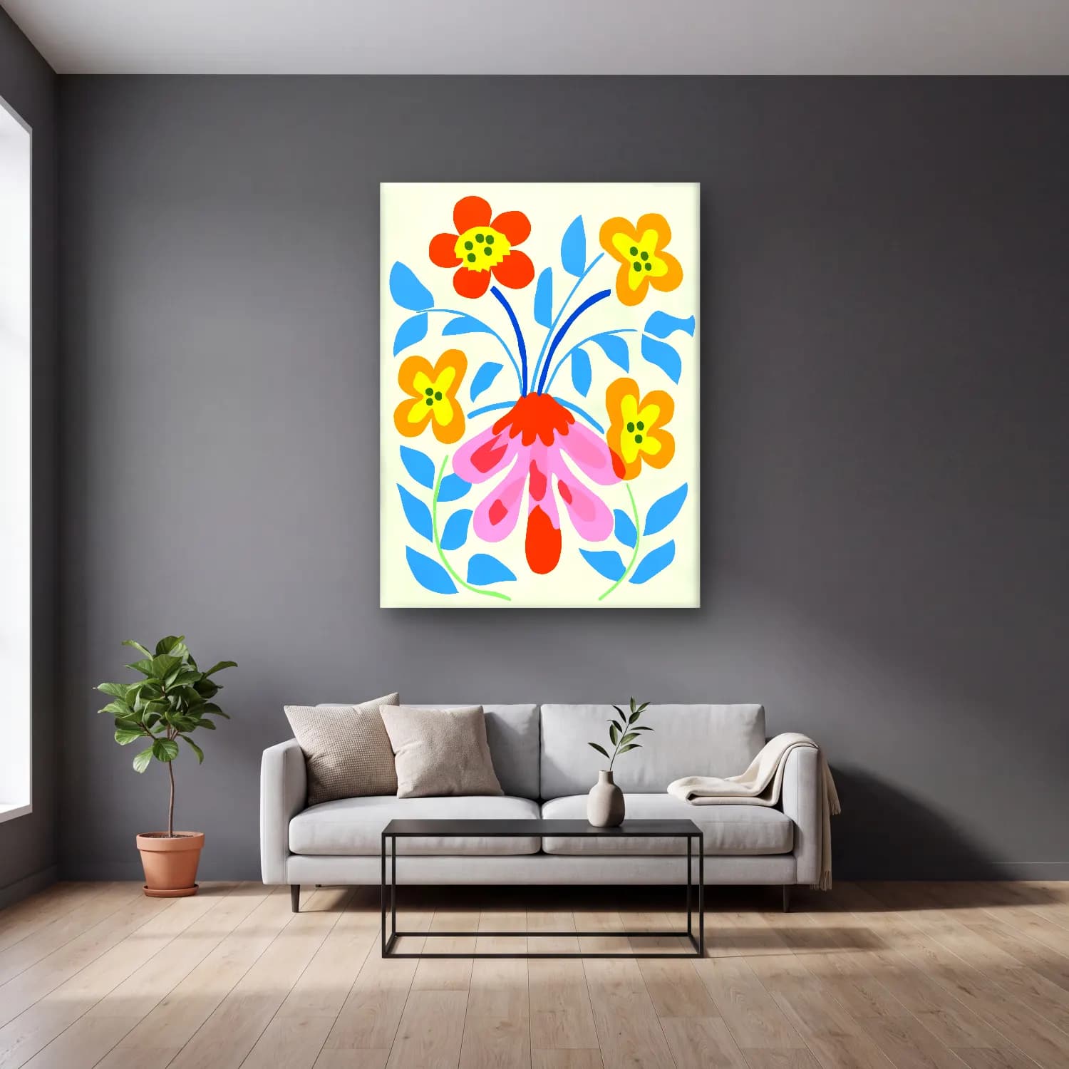 Boho Çiçek Deseni No. 44 cam tablo — gri duvarlı salonda