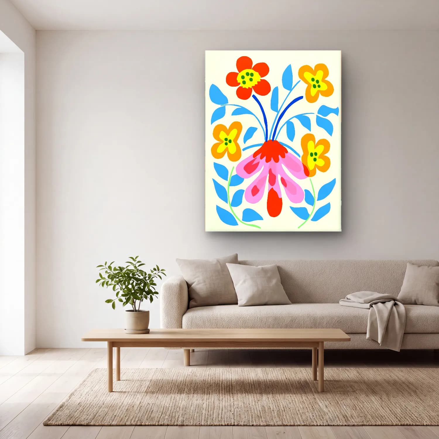 Boho Çiçek Deseni No. 44 cam tablo — açık renk salonda