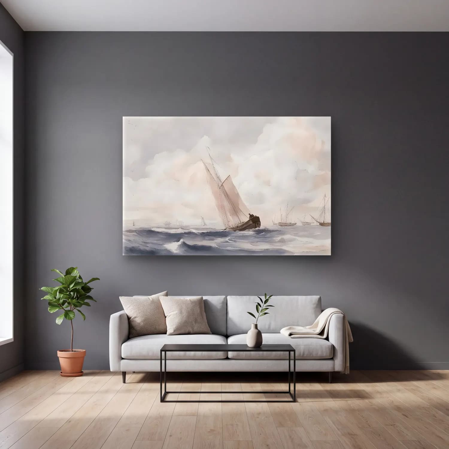 Suluboya Fırtınalı Denizde Gemi No. 3 cam tablo — gri duvarlı salonda