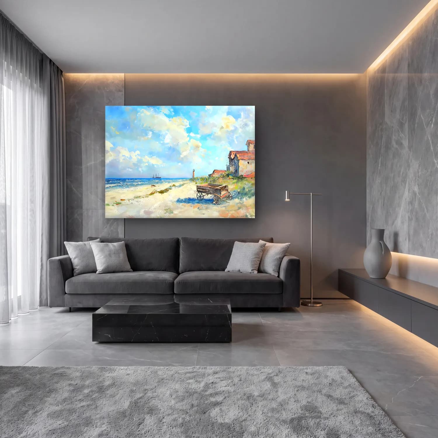 Yağlı Boya Deniz Feneri No. 5 cam tablo — lüks salon duvarında