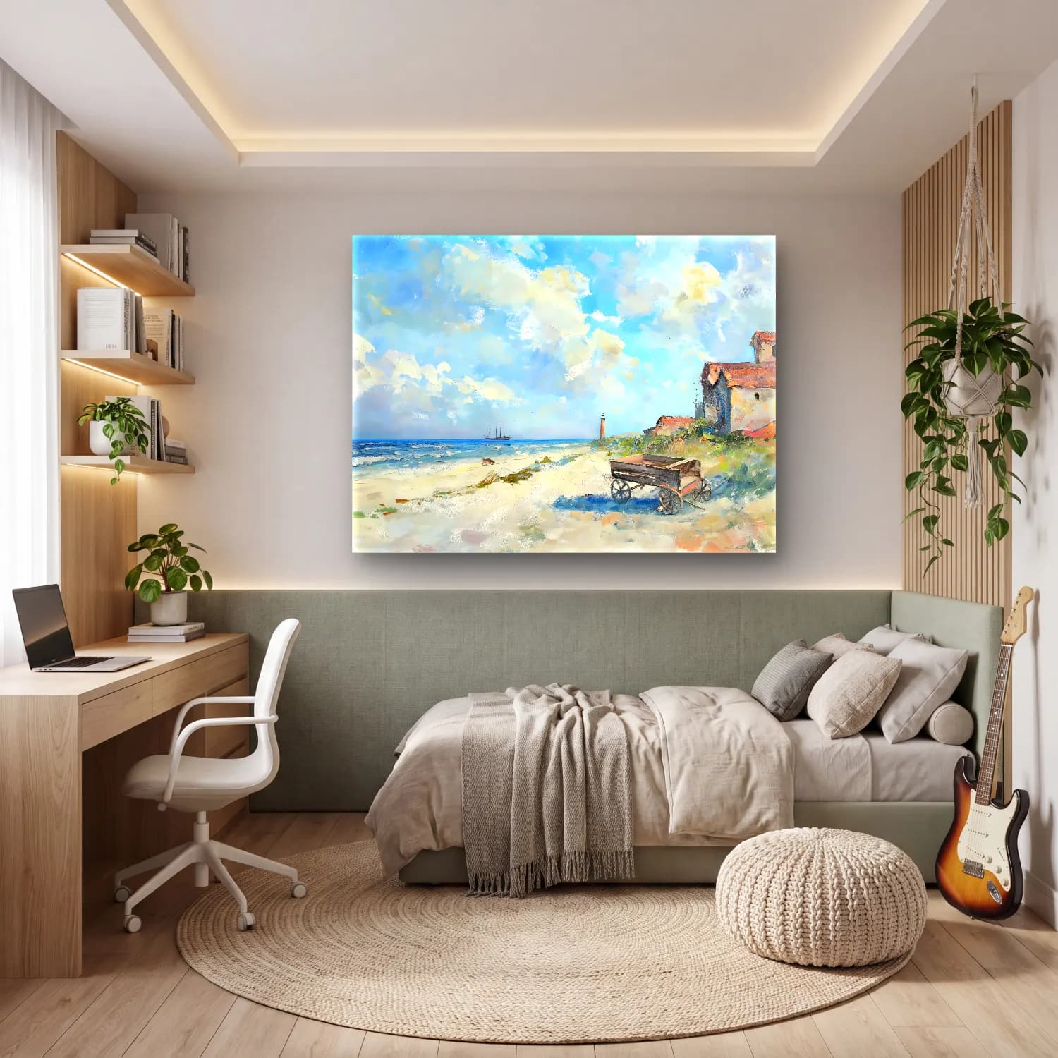 Yağlı Boya Deniz Feneri No. 5 cam tablo — genç odasında