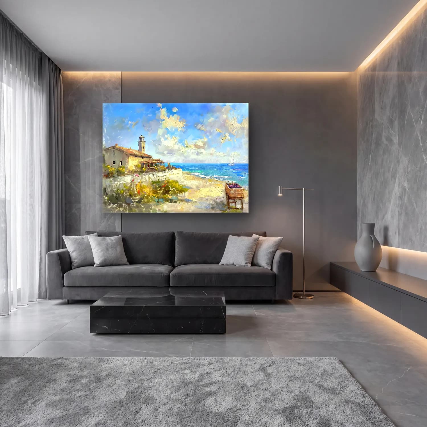 Empresyonist Deniz Feneri No. 3 cam tablo — lüks salon duvarında