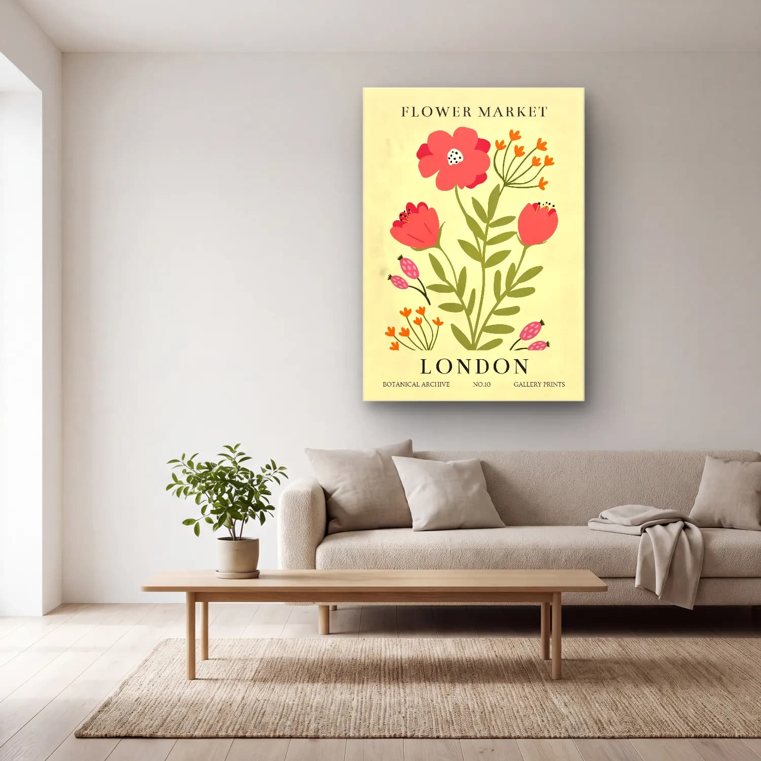 Botanik İllüstrasyon Çiçek Deseni No. 14 cam tablo — açık renk salonda