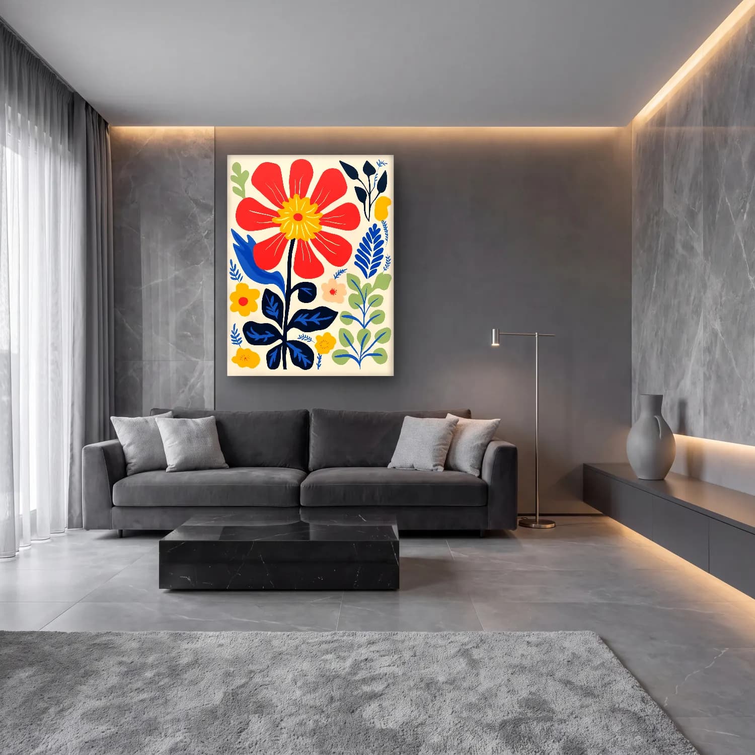 Boho Çiçek Deseni No. 45 cam tablo — lüks salon duvarında