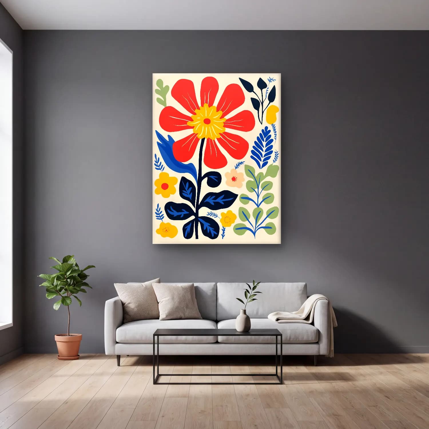 Boho Çiçek Deseni No. 45 cam tablo — gri duvarlı salonda