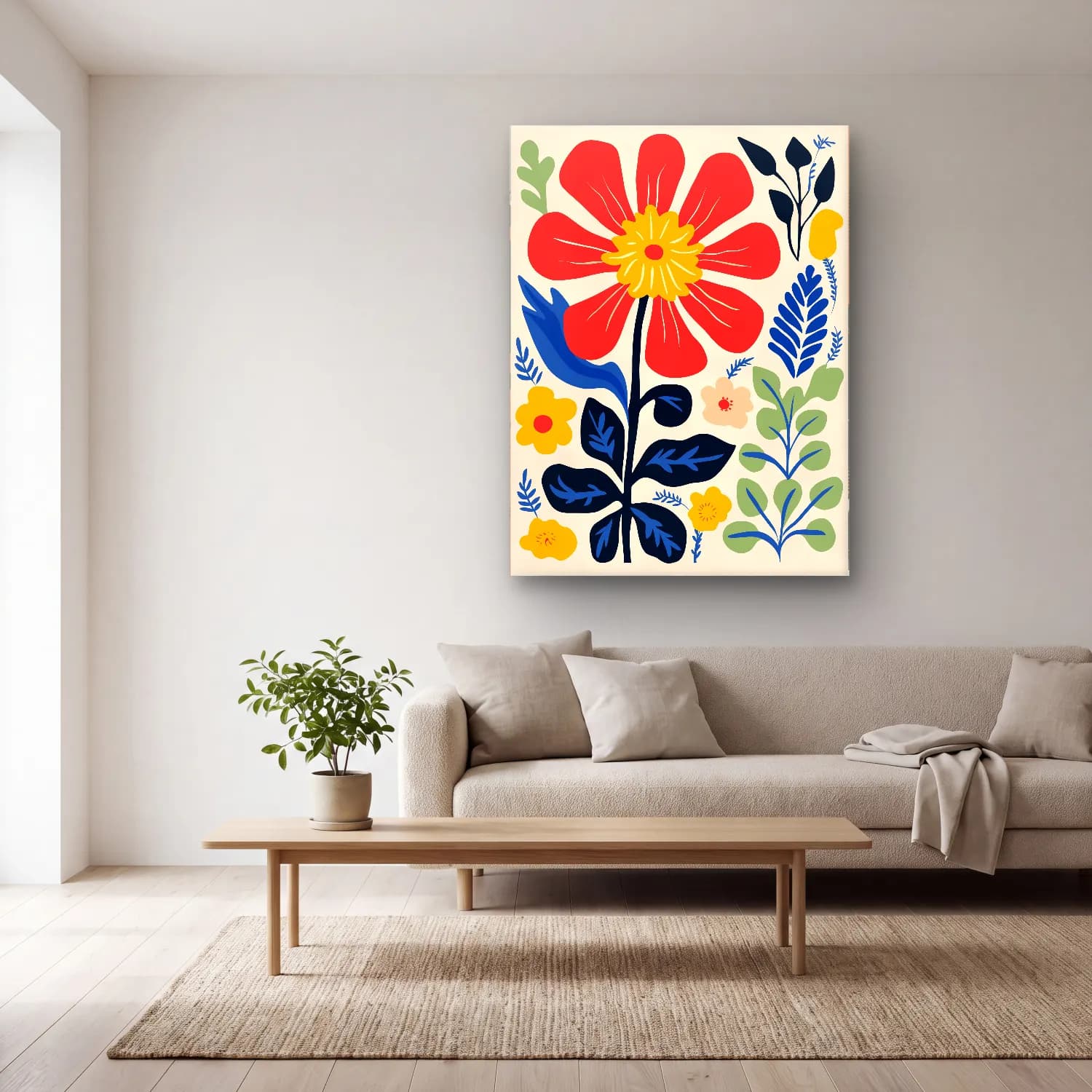 Boho Çiçek Deseni No. 45 cam tablo — açık renk salonda