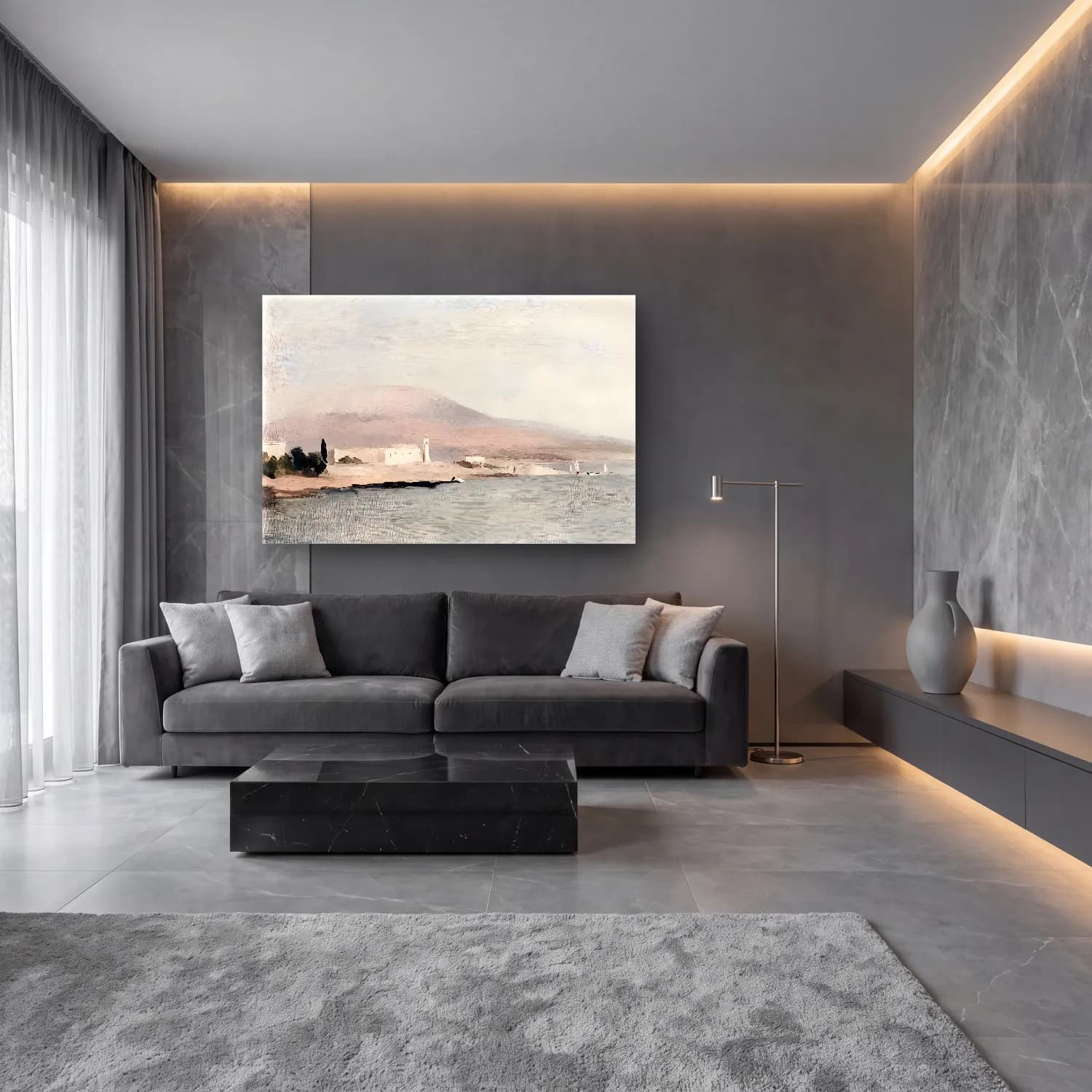 Yağlı Boya Yunan Adası No. 4 cam tablo — lüks salon duvarında