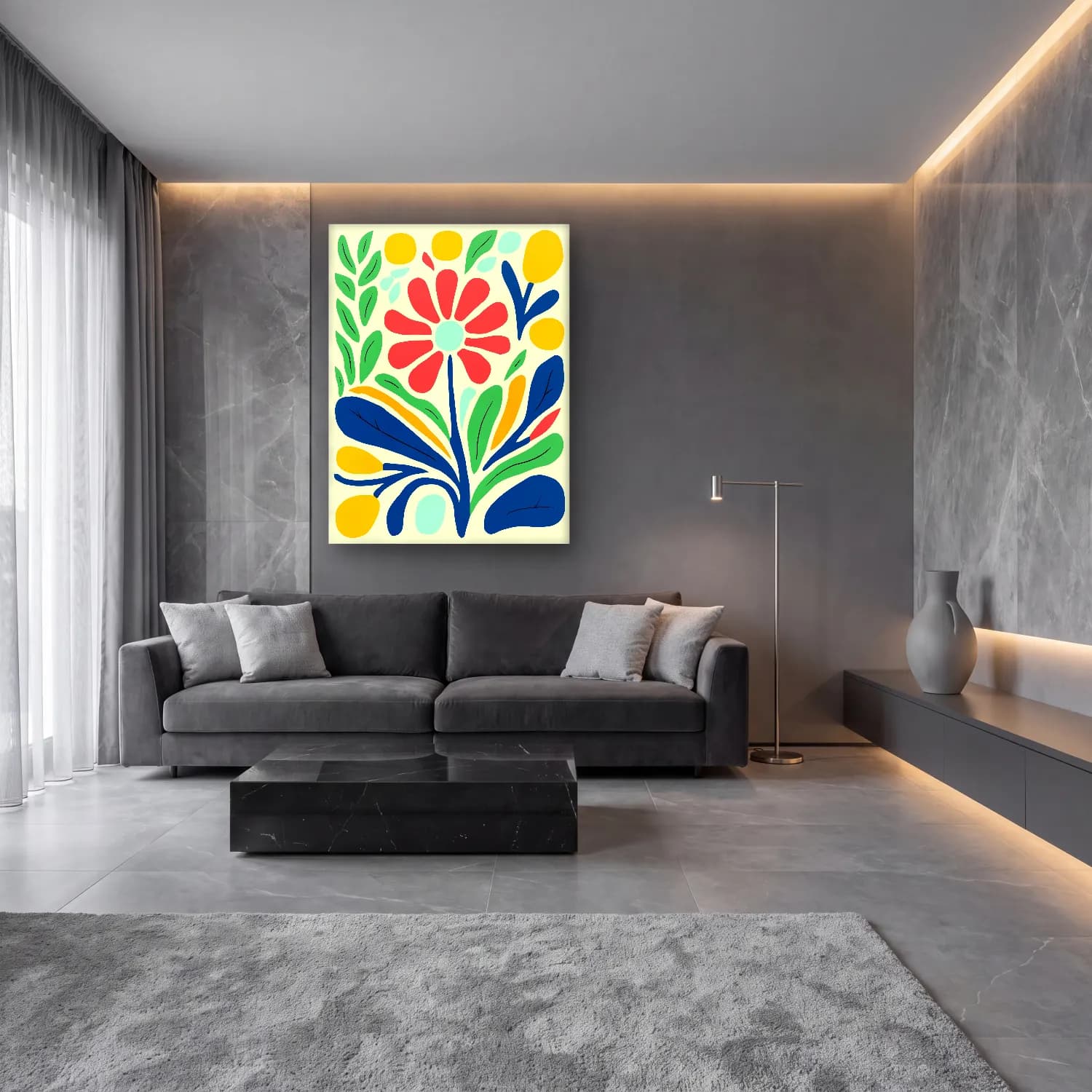 Boho Çiçek Deseni No. 46 cam tablo — lüks salon duvarında