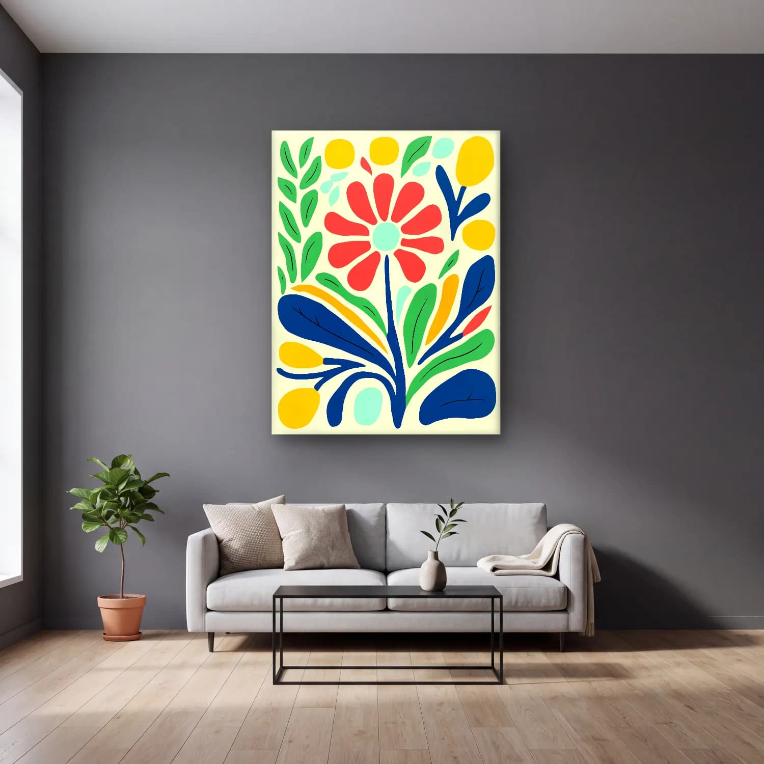 Boho Çiçek Deseni No. 46 cam tablo — gri duvarlı salonda