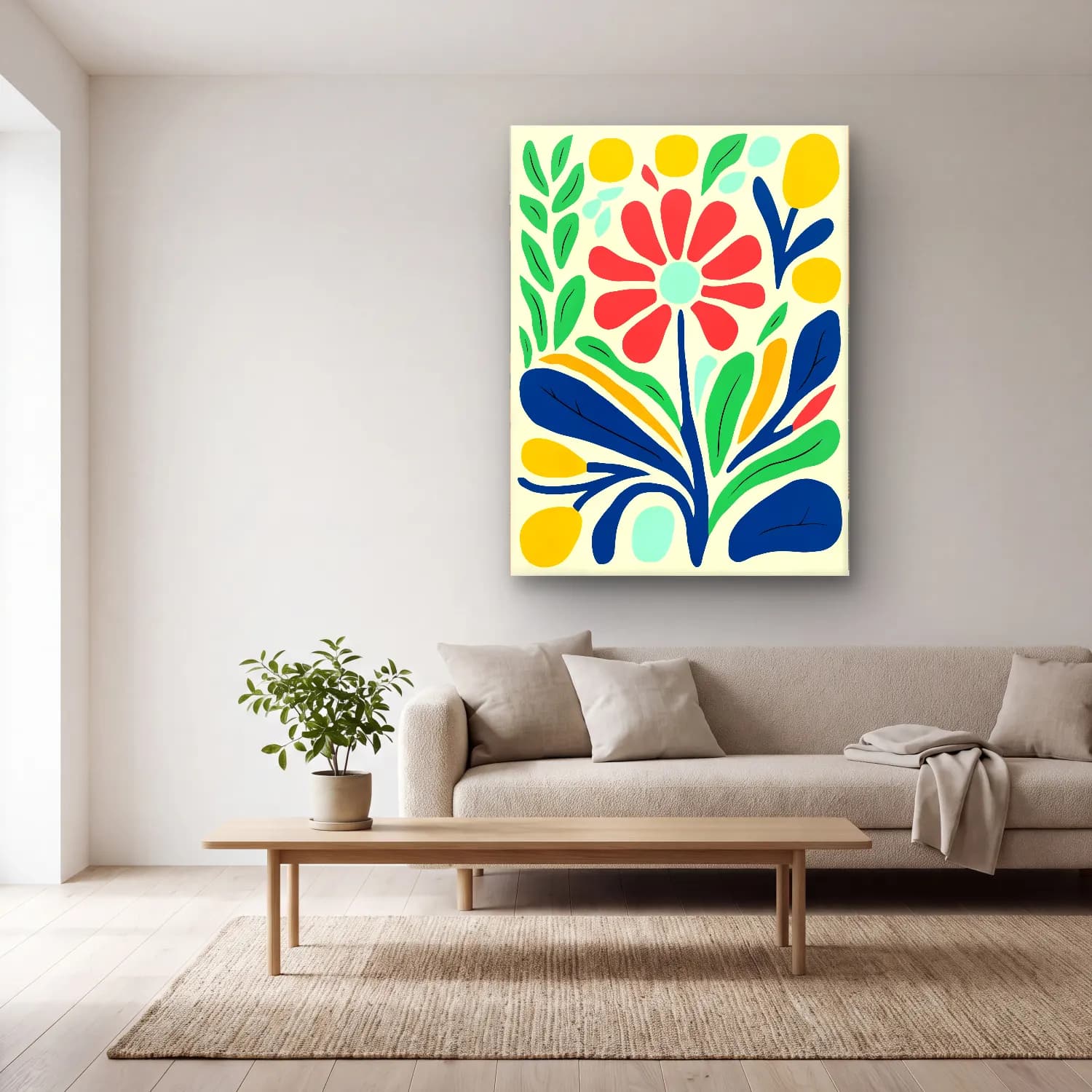 Boho Çiçek Deseni No. 46 cam tablo — açık renk salonda