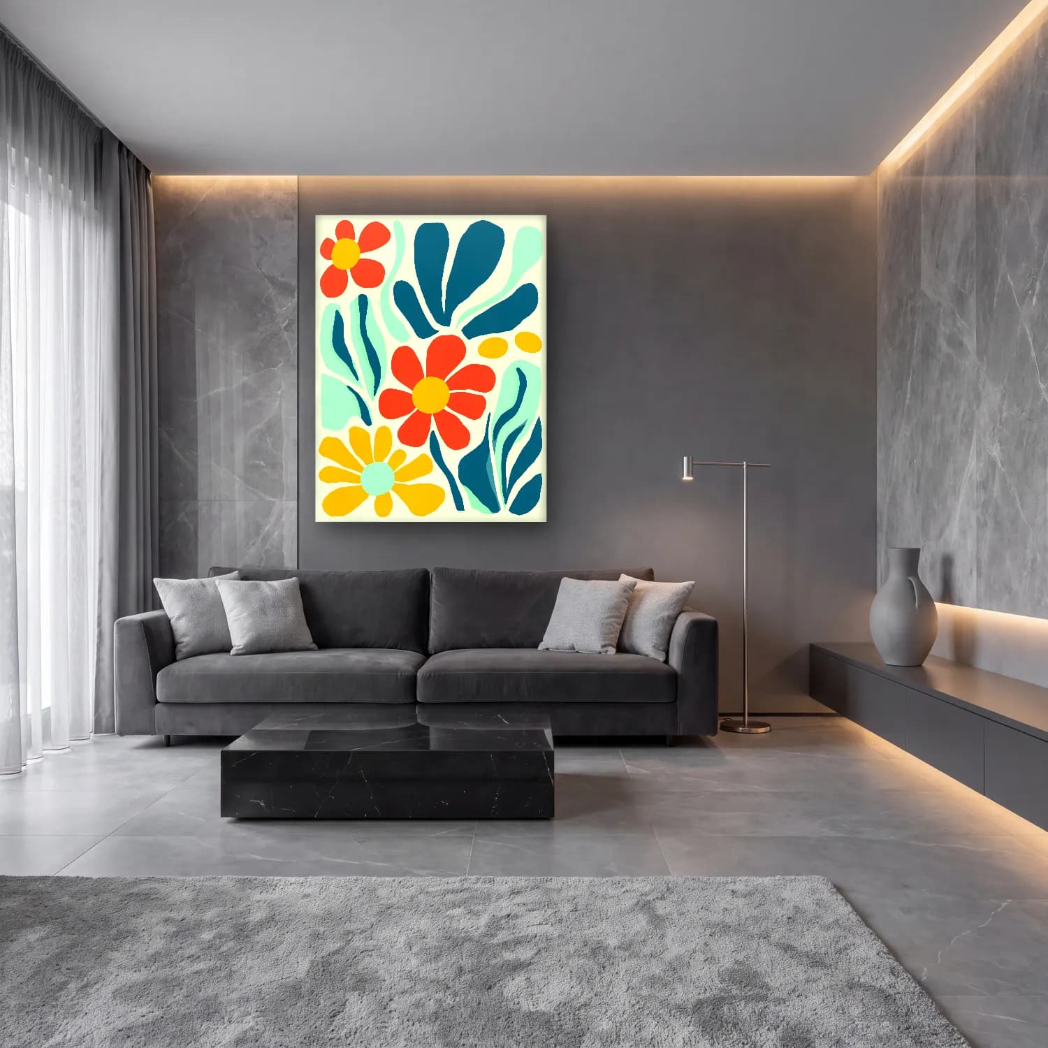 Boho Çiçek Deseni No. 47 cam tablo — lüks salon duvarında