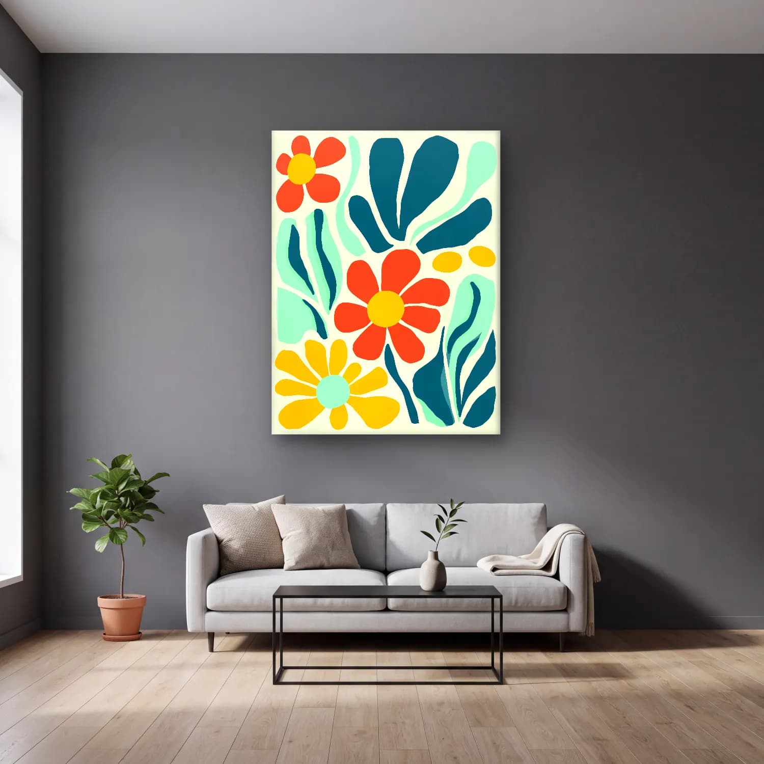 Boho Çiçek Deseni No. 47 cam tablo — gri duvarlı salonda