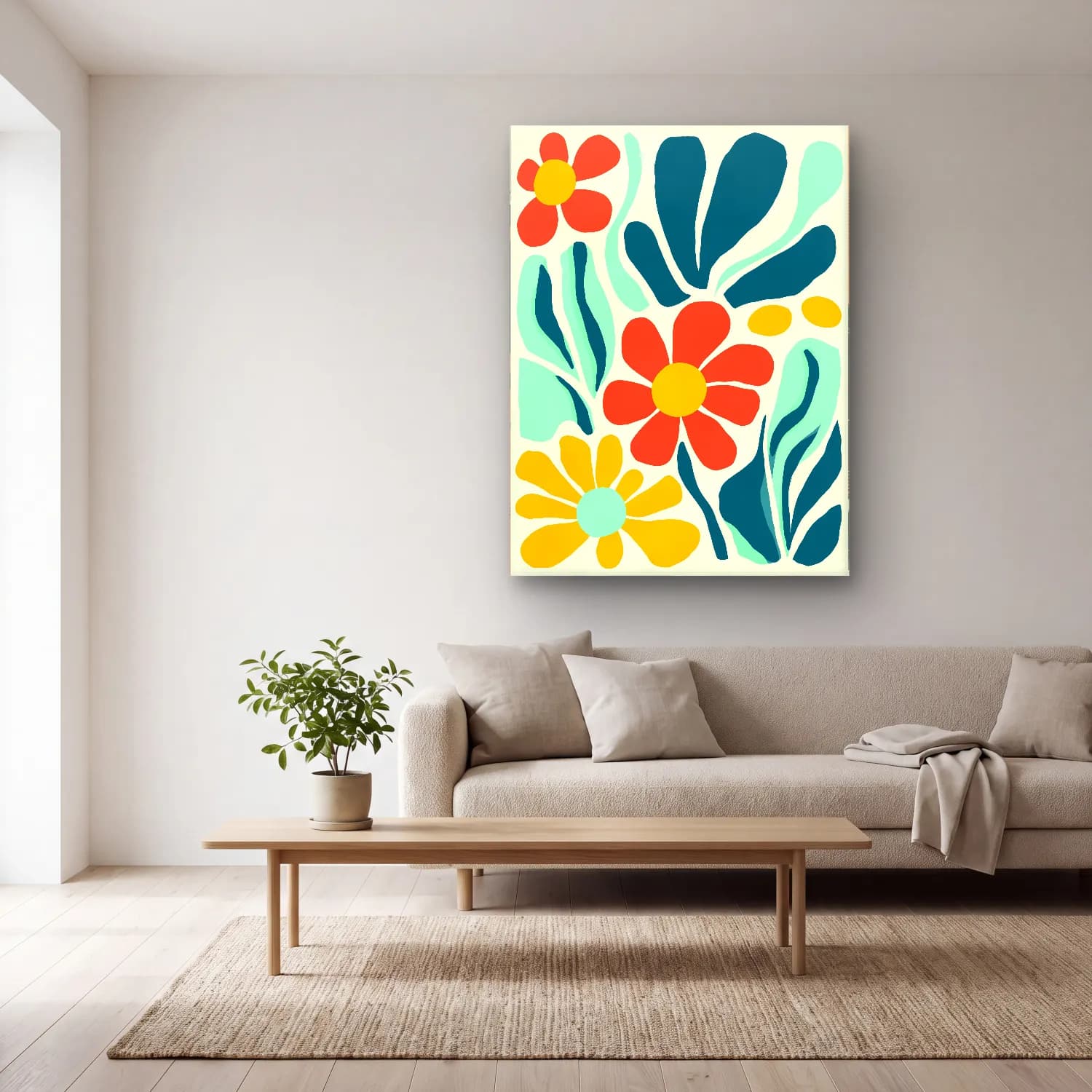 Boho Çiçek Deseni No. 47 cam tablo — açık renk salonda