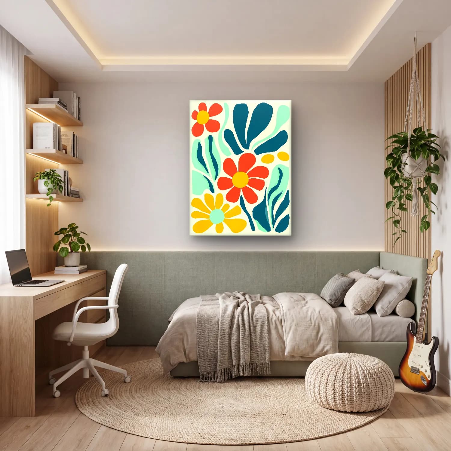Boho Çiçek Deseni No. 47 cam tablo — genç odasında