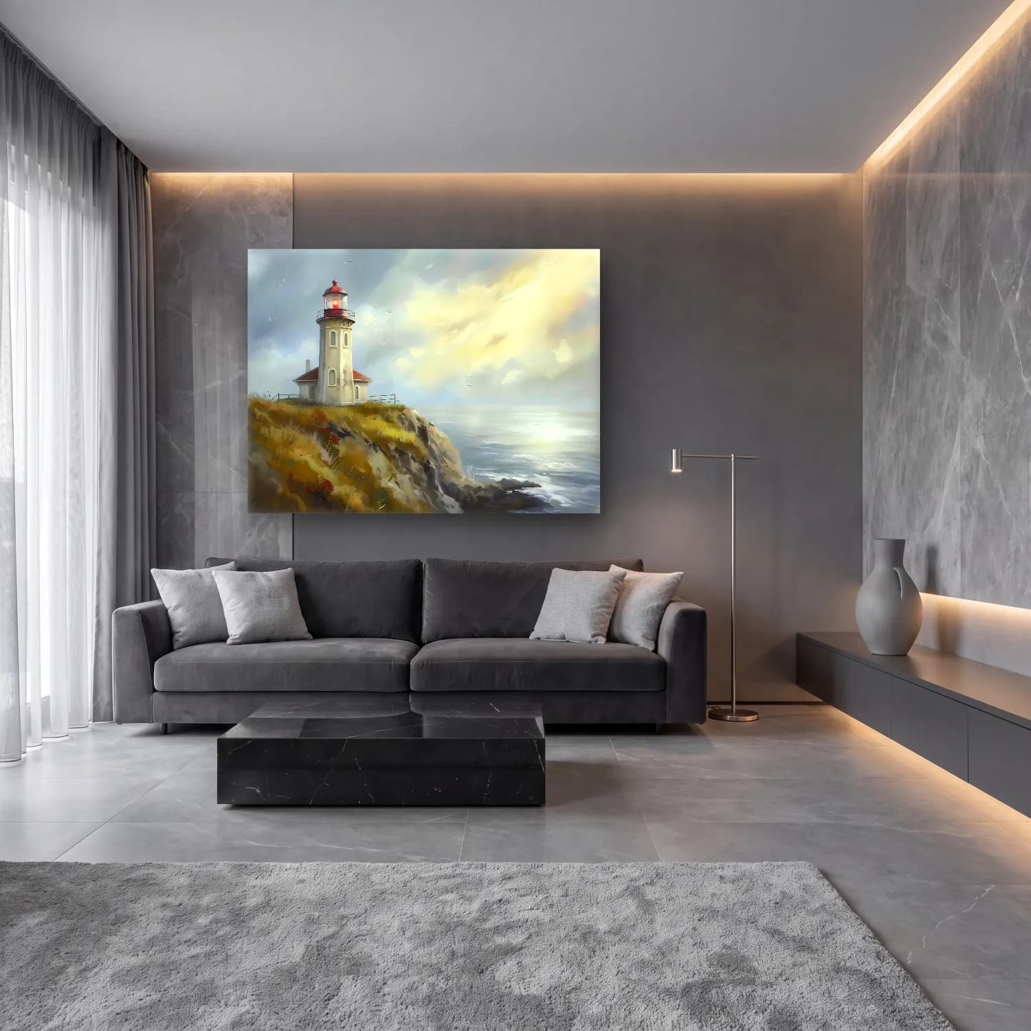 Yağlı Boya Deniz Feneri No. 6 cam tablo — lüks salon duvarında