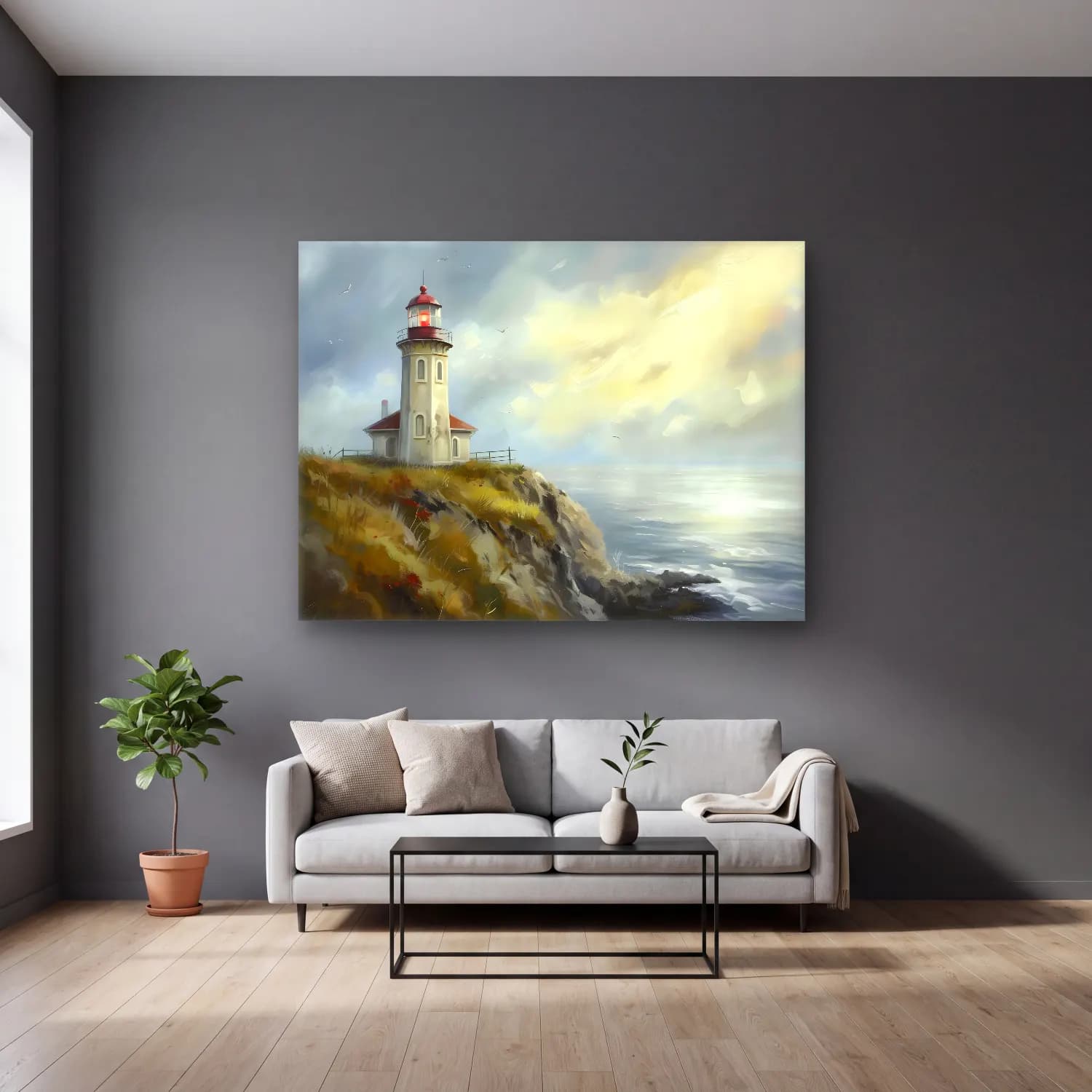Yağlı Boya Deniz Feneri No. 6 cam tablo — gri duvarlı salonda