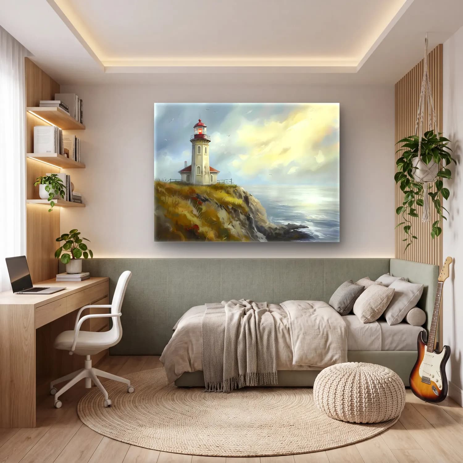 Yağlı Boya Deniz Feneri No. 6 cam tablo — genç odasında