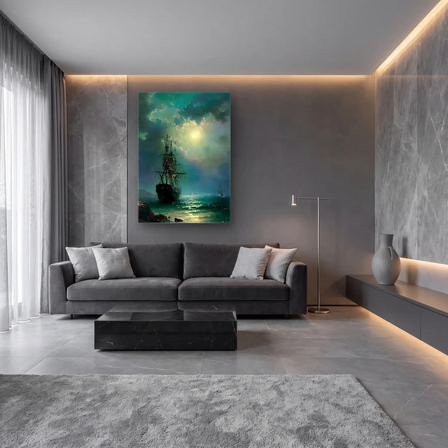 Yağlı Boya Fırtınalı Denizde Gemi – Turkuaz Tonlar cam tablo — lüks salon duvarında