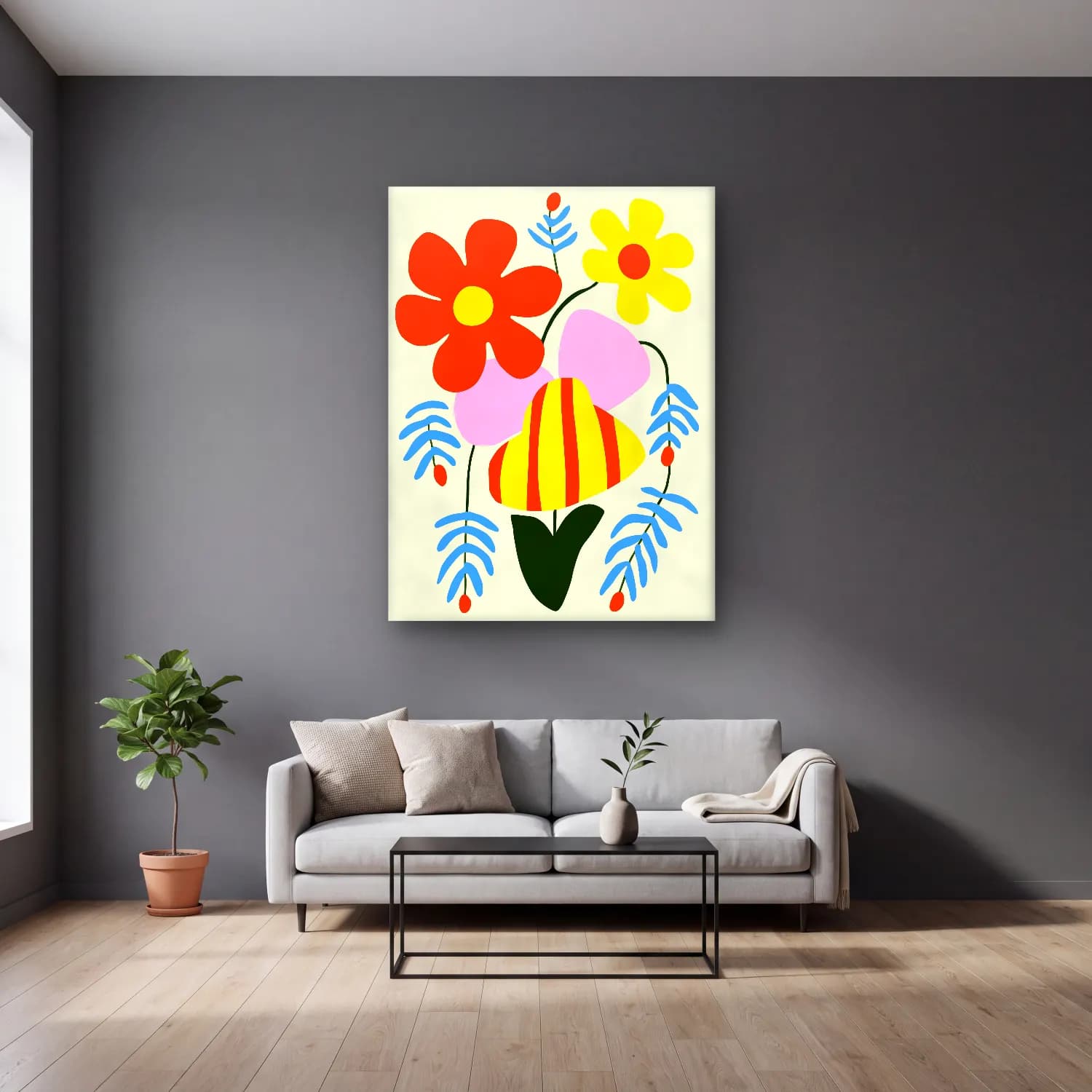 Boho Çiçek Deseni No. 48 cam tablo — gri duvarlı salonda