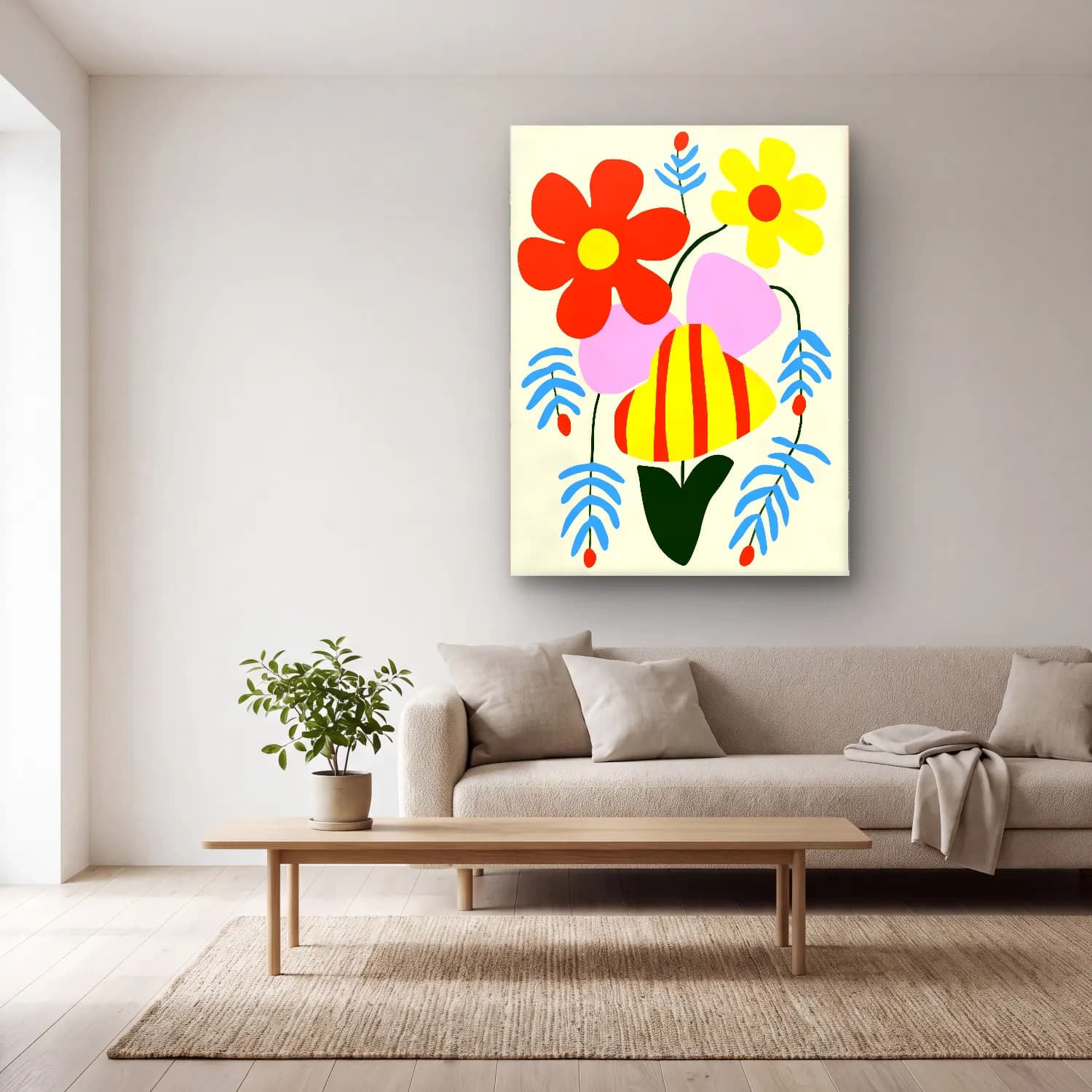 Boho Çiçek Deseni No. 48 cam tablo — açık renk salonda
