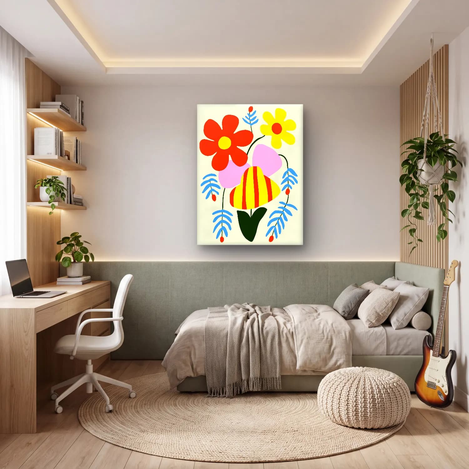 Boho Çiçek Deseni No. 48 cam tablo — genç odasında