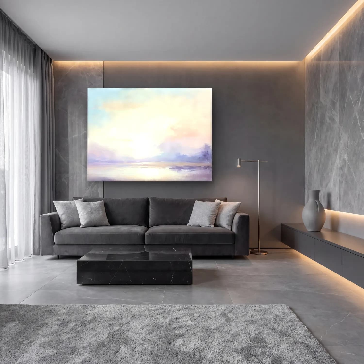 Pastel Gün Batımında Göl No. 3 cam tablo — lüks salon duvarında