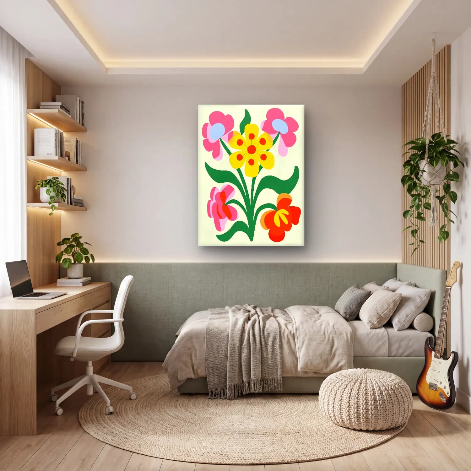 Retro Çiçek Deseni No. 38 cam tablo — genç odasında