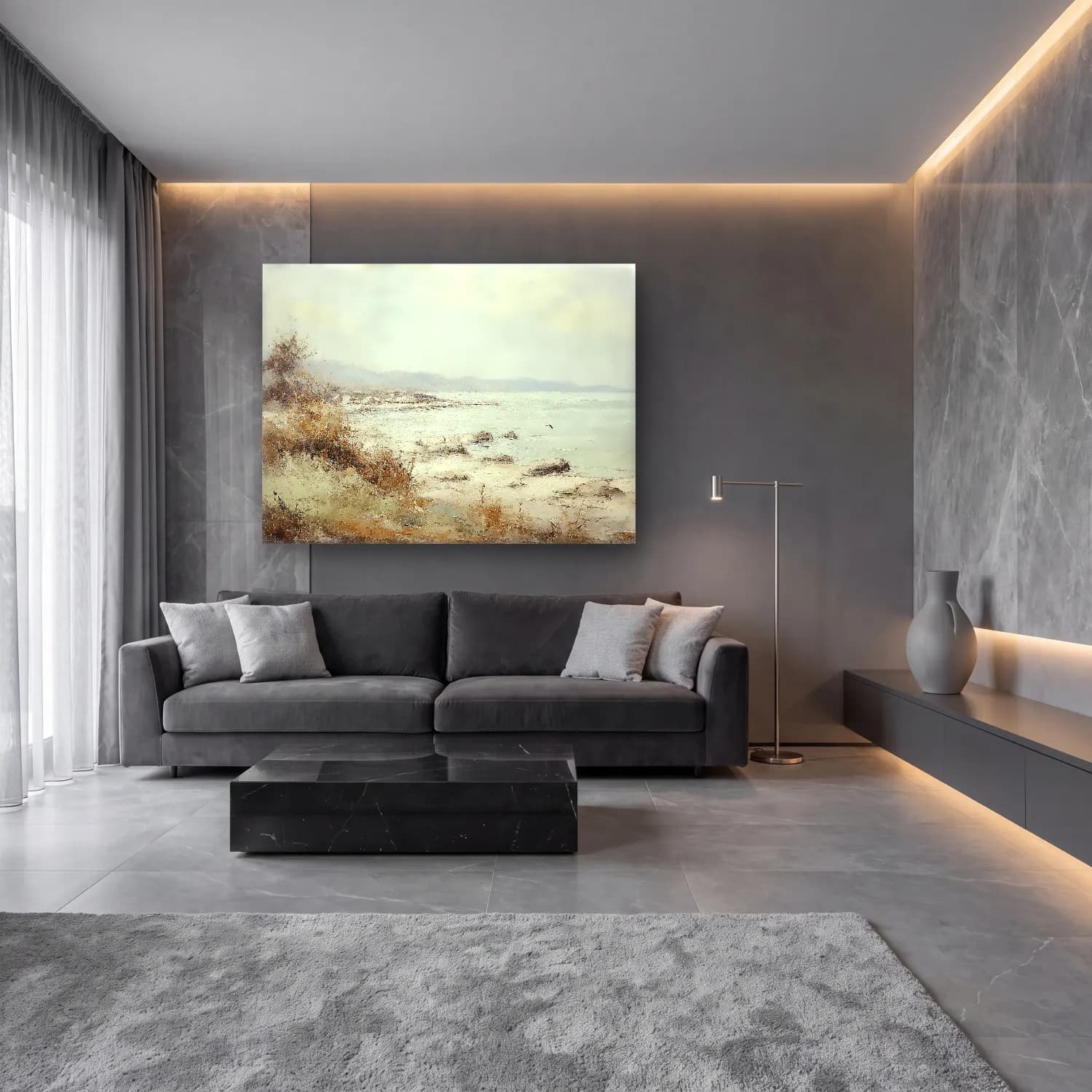 Yağlı Boya Dalgalı Sahil No. 21 cam tablo — lüks salon duvarında