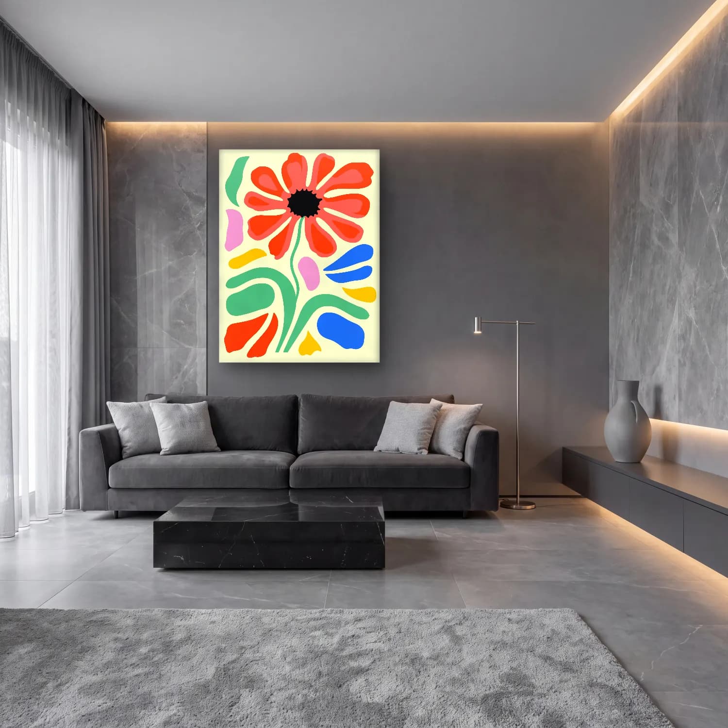 Boho Çiçek Deseni No. 49 cam tablo — lüks salon duvarında