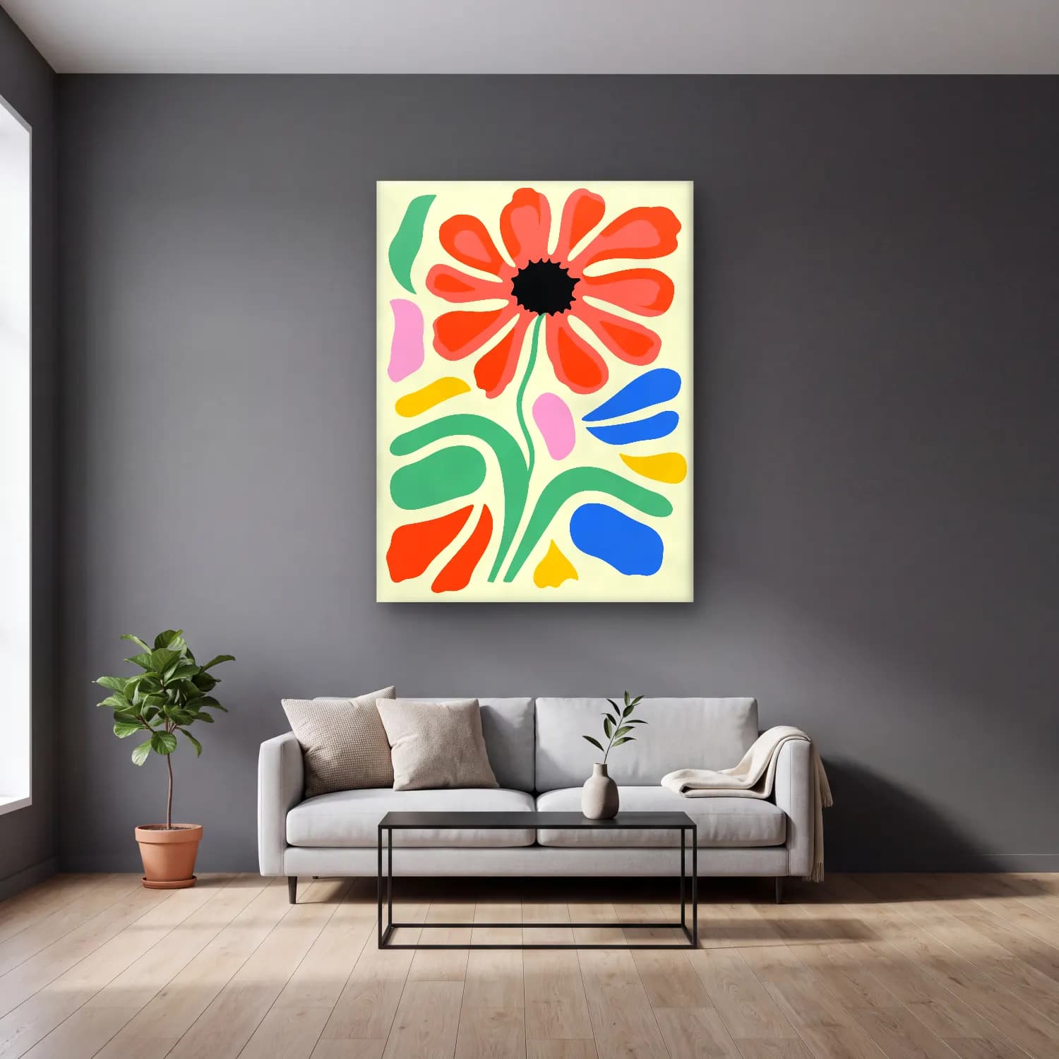 Boho Çiçek Deseni No. 49 cam tablo — gri duvarlı salonda