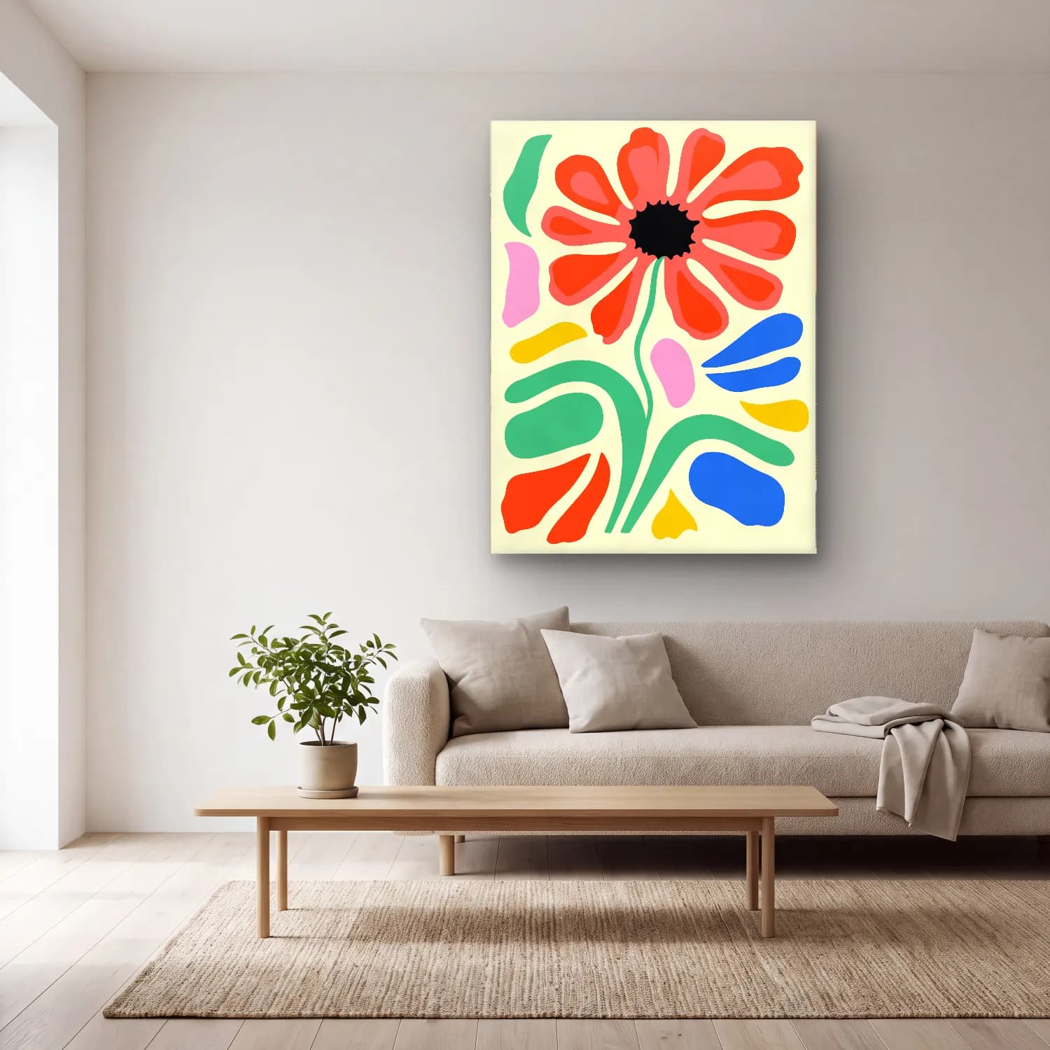 Boho Çiçek Deseni No. 49 cam tablo — açık renk salonda