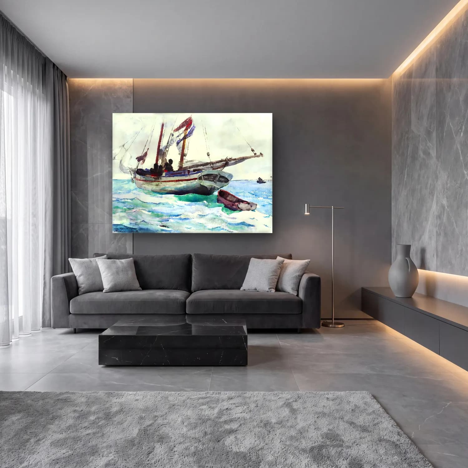 Suluboya Yelken Yarışı – Pastel Tonlar cam tablo — lüks salon duvarında