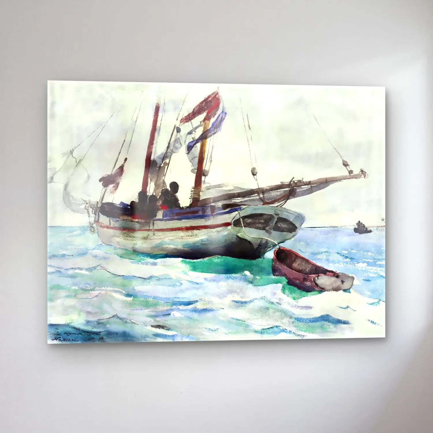 Suluboya Yelken Yarışı – Pastel Tonlar cam tablo — sol açıdan görünüm