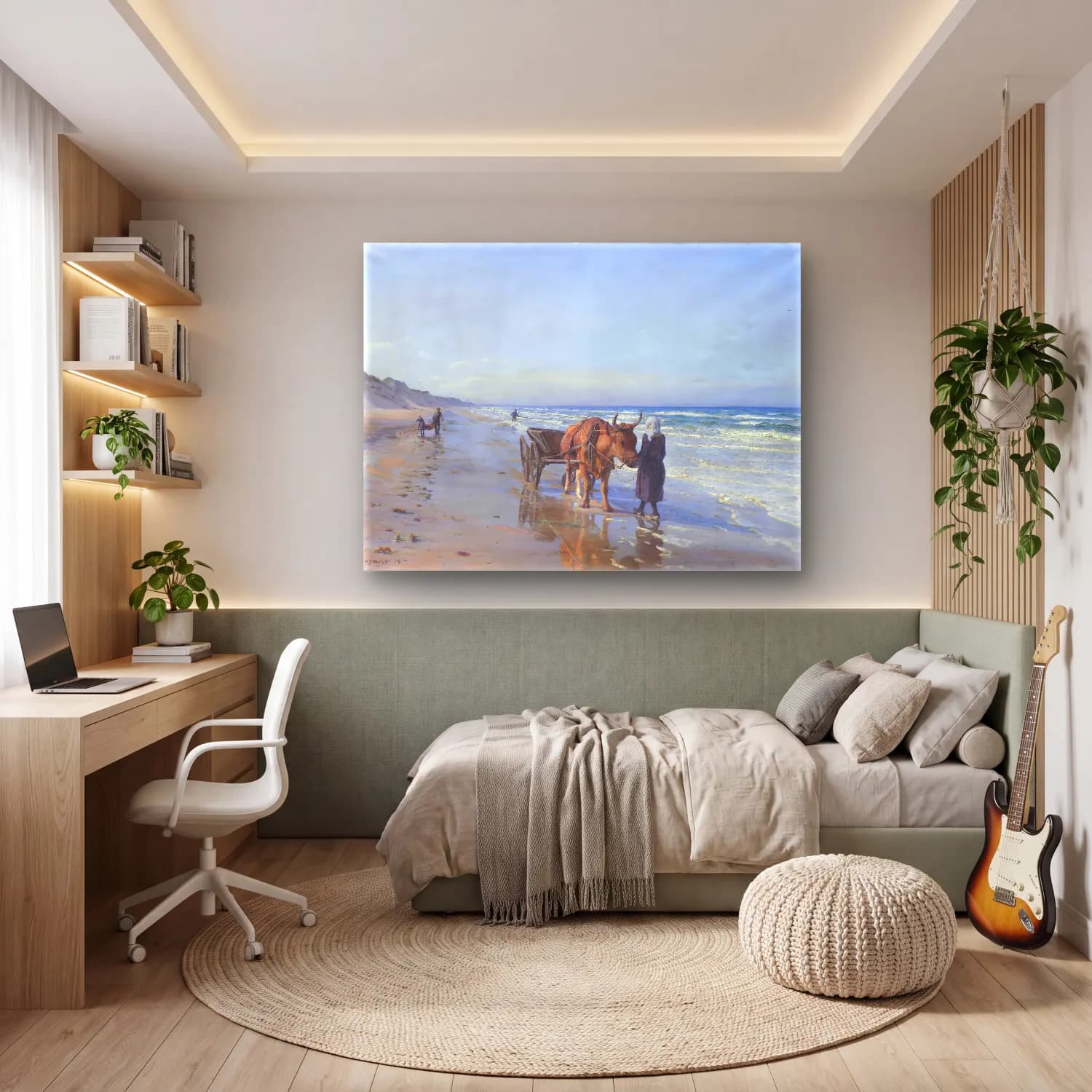 Yağlı Boya Sahilde İnsanlar – Pastel Tonlar cam tablo — genç odasında
