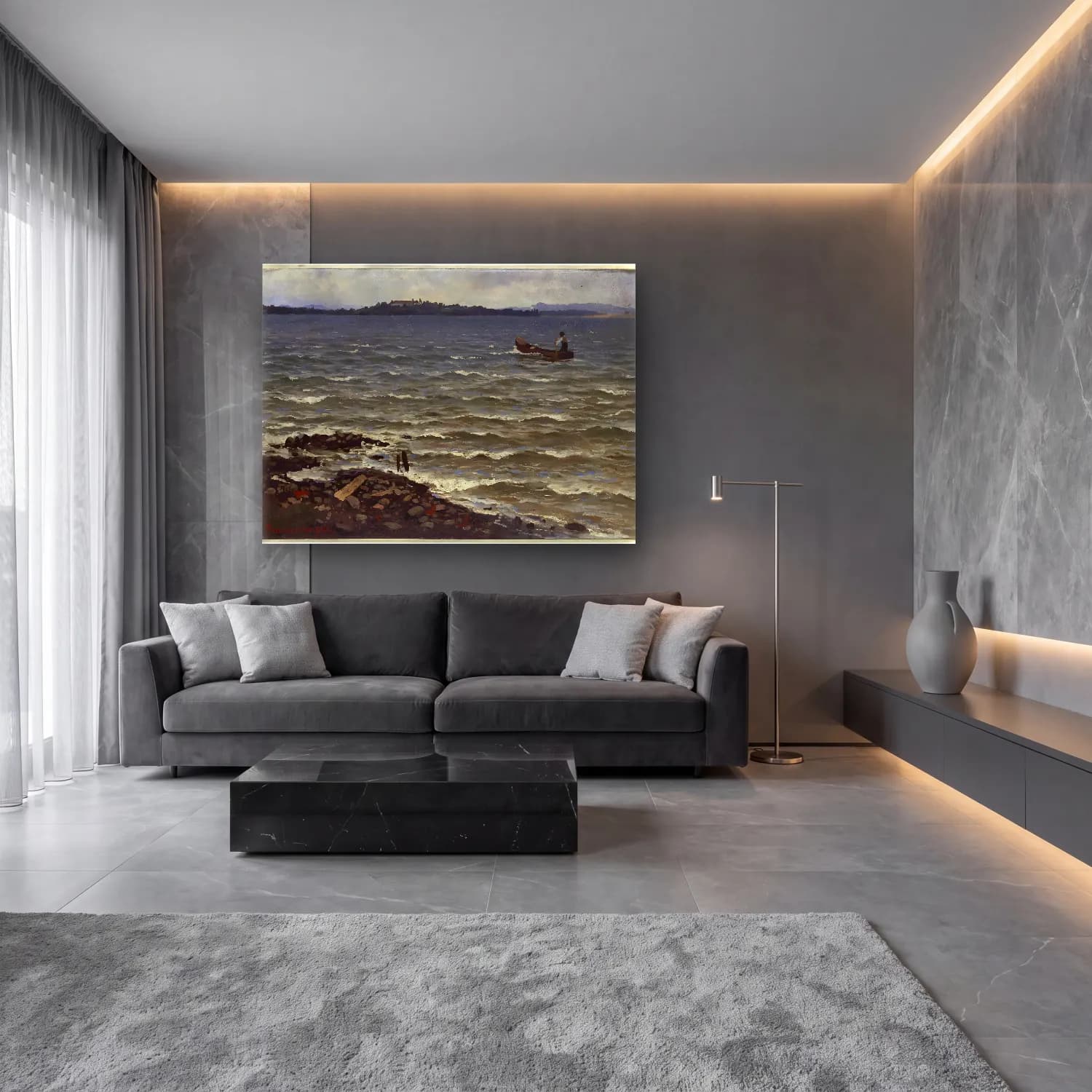 Yağlı Boya Fırtınalı Denizde Gemi No. 11 cam tablo — lüks salon duvarında